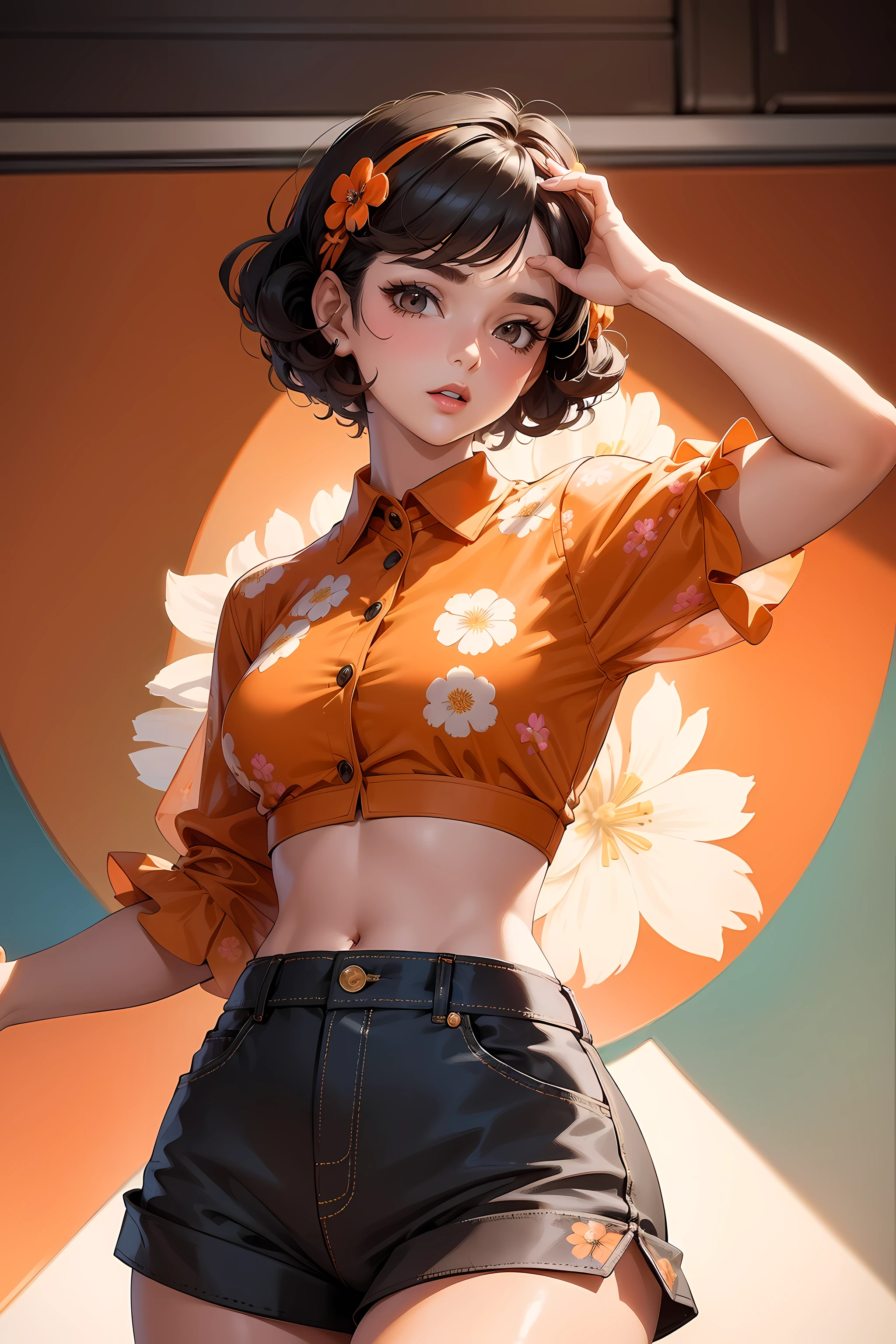 (((Masterpiece))), a top influencer woman, top quality, super detailed, cute and spunky, retro 60's style, fair skin, short curly black hair with flower clips, orange button up crop top transparent floral print sleeves, brown high waist button up shorts, skating rink background