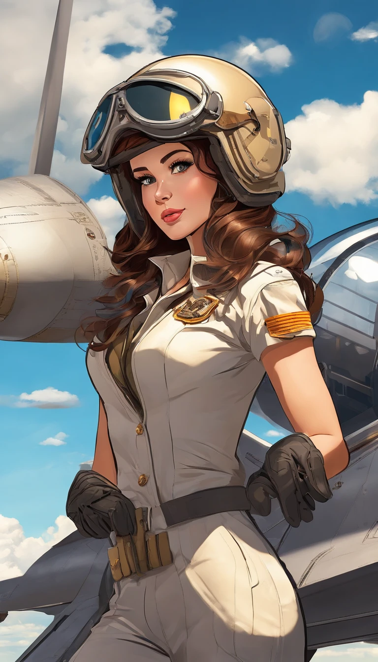 Portrait of a beautiful young pilot sitting in the cockpit, The pilot wears an Acrisp Custom flight suit., Embellished with scarves and patches that represent their experience and expertise..... The pilot wears the captain's helmet...., Cockpit interior scene in cinema, ..., Golden Light, Encapsulate the essence of aviation. The cockpit is filled with light panels..., Dials and buttons., Convey a sense of precision and control. The pilot looked at the dashboard and pressed a button through the transparent roof...., A spectacular view of the vast sky spreads out...., Spot with fluffy white clouds and streaks of sunlight against other commercial planes flying in the background...., The pilot's hand gently grasped the control yoke...., epic scene, vibrant colours, Full HD, Dynamic lighting, Ultra-high detail, dramatic light, Movie Poster Style, Asymmetrical composition, photorealistic portrait, Concept Art, unreal engine, masterpiece