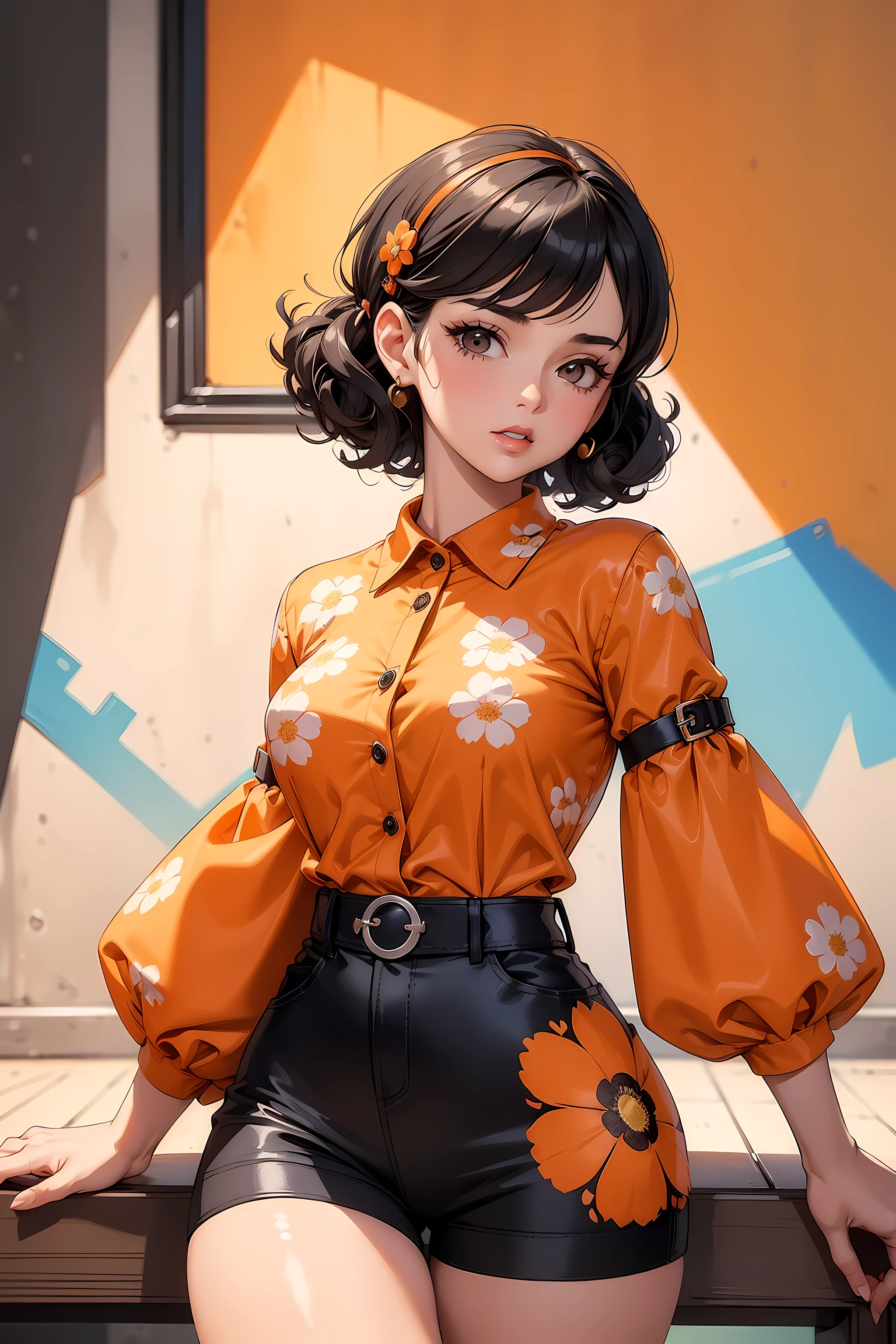 (((Masterpiece))), a top influencer woman, top quality, super detailed, cute and spunky, retro 60's style, fair skin, short curly black hair with flower clips, orange button up crop top transparent floral print sleeves, brown high waist button up shorts, skating rink background