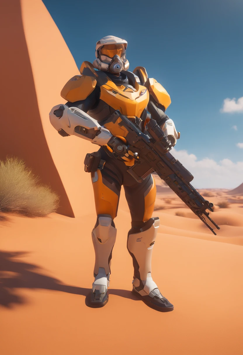 Araffe in a suit with a gun and a helmet standing in a desert, Sigma de Overwatch, como personagem de overwatch, Baptiste de Overwatch, 8k octanas renderizadas, terno mecha, 8k octane 3d render, Overwatch bastion, octane highly detailed cinematic, Como um personagem de Overwatch, estilo fantasia 8 k octane render, 8 k octane detailed render