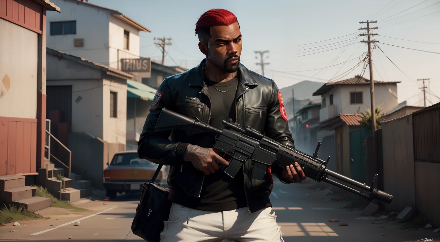 There's a man , gta personagem, Como o protagonista de GTA 5, GTA V Estilo, como um personagem de gtav, corte de cabelo red,cabelo red,Kanye West em GTA v, Estilo GTA5, gta v personagem, empunhando fuzil de assalto,rifle in hand ,fuzil AK-47 ,gta 5 tom de pele negro,em favela estilo brasil