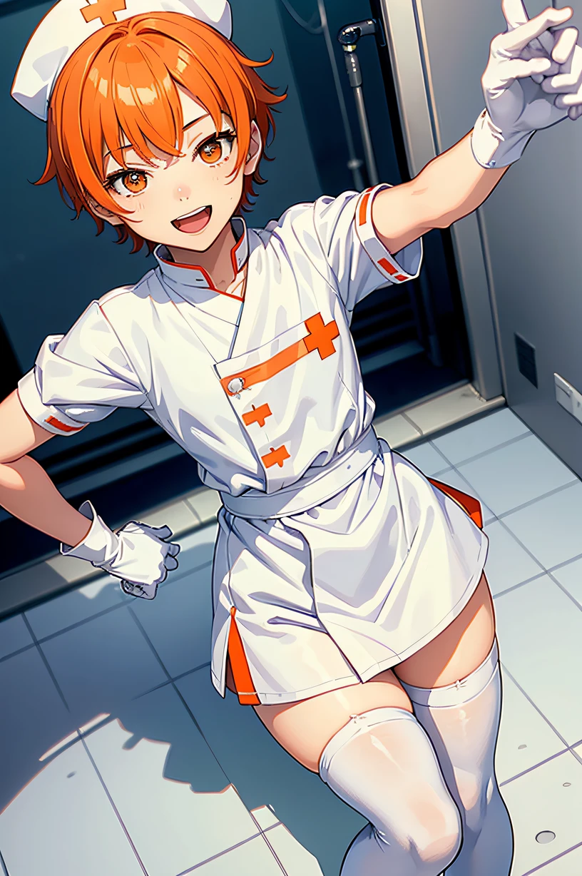 1boy, solo, male focus, nurse, white nurse cap, white nurse uniform, ((white legwear, zettai ryouiki)), white gloves, short hair, orange hair, smile, open mouth, standing, ((hospital room)), sharp outline, short sleeves, shota, , best quality, masterpiece