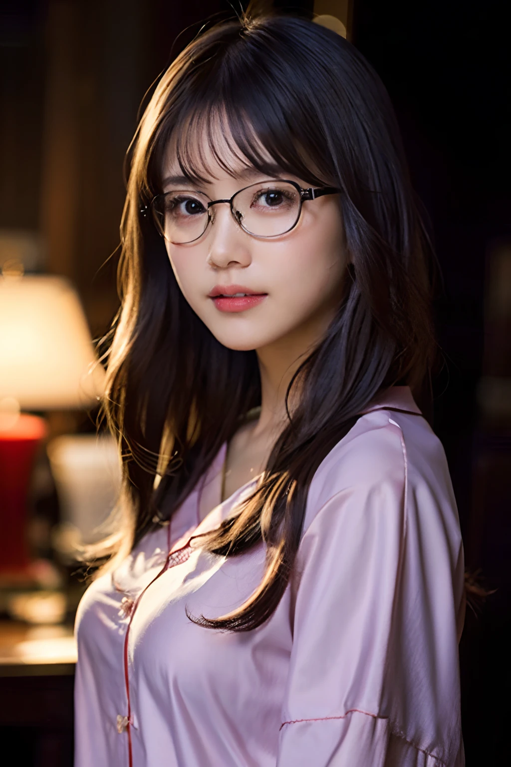 (8K、Raw photography、top-quality、​masterpiece:1.2)、(realisitic、Photorealsitic:1.37)、ultra-detailliert、超A high resolution、女の子1人、see the beholder、beautifull detailed face、A smile with a little visible teeth、Constriction、(Slim waist) :1.3)、((Cute pajamas))、pastel clothing、Beautiful detailed skin、Skin Texture、Floating hair、((fluffy hairstyle))、large breasts with good shape、Professional Lighting、autumn night、Bedroom、((Black square glasses ))、Whole human body、Black hair、((Shameful appearance))、Pay attention to your audience、