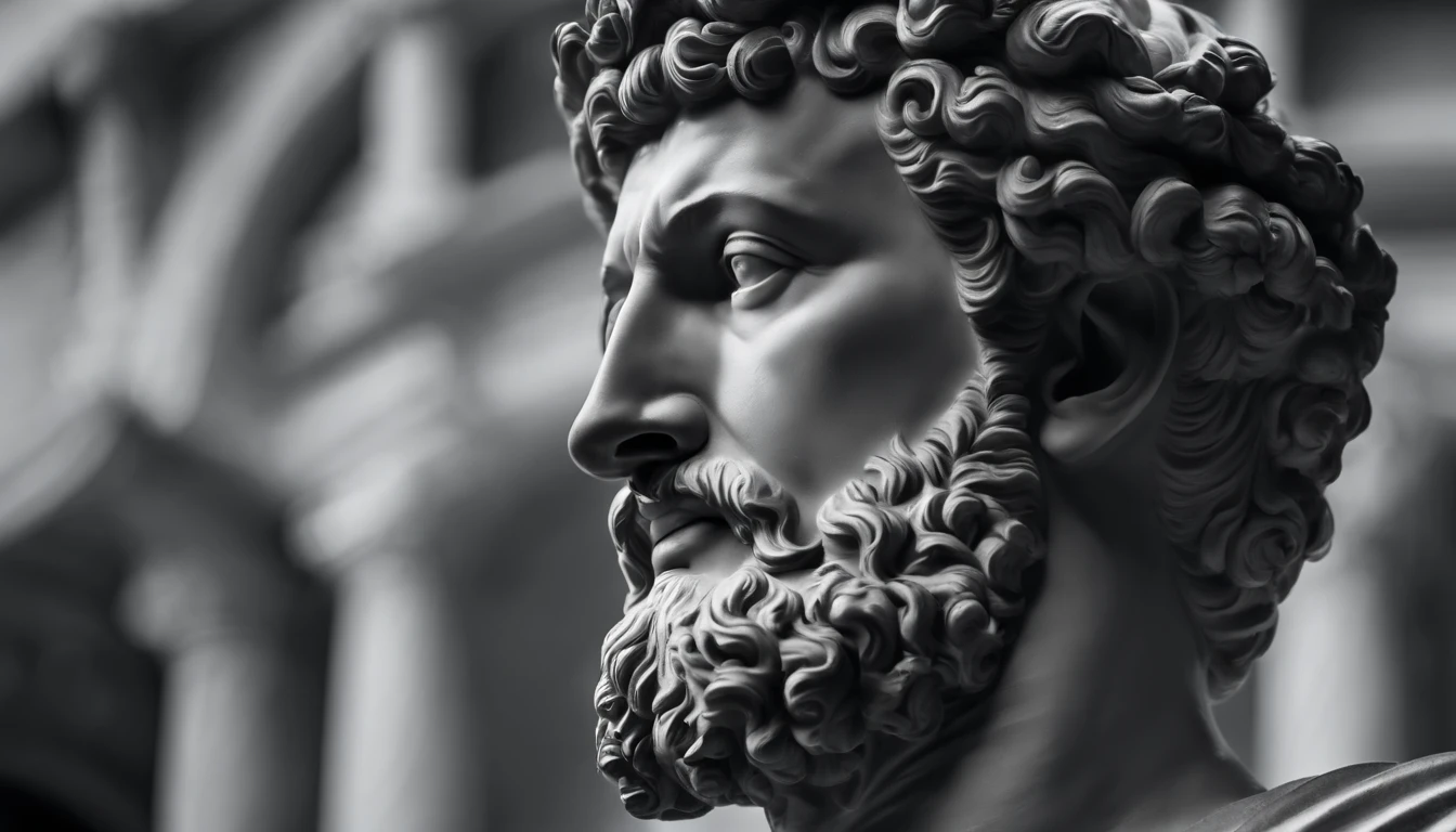 a portrait statue of the stoic Marcus Aurelius in black and white 4K,Face de lado, super realistic photo wallpaper