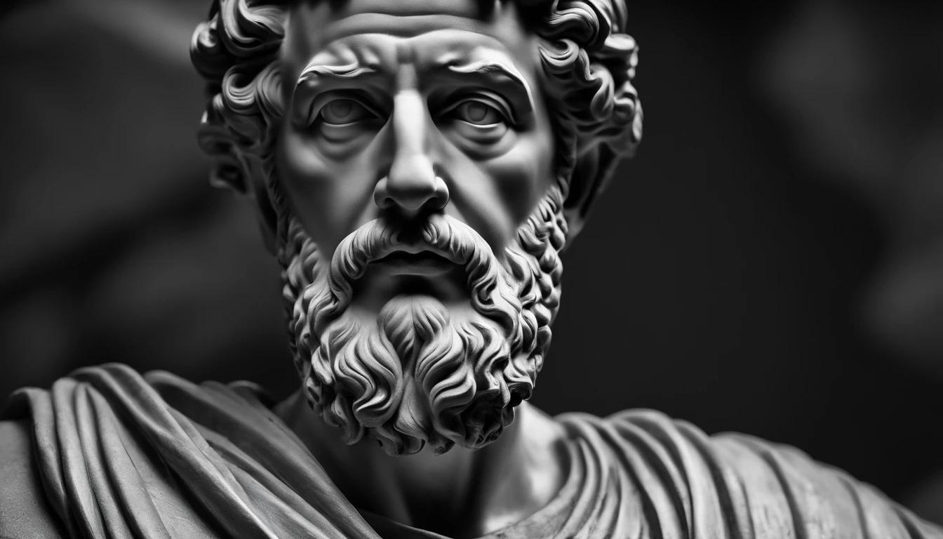 a portrait statue of the stoic Marcus Aurelius in black and white 4K,Face de lado, super realistic photo wallpaper