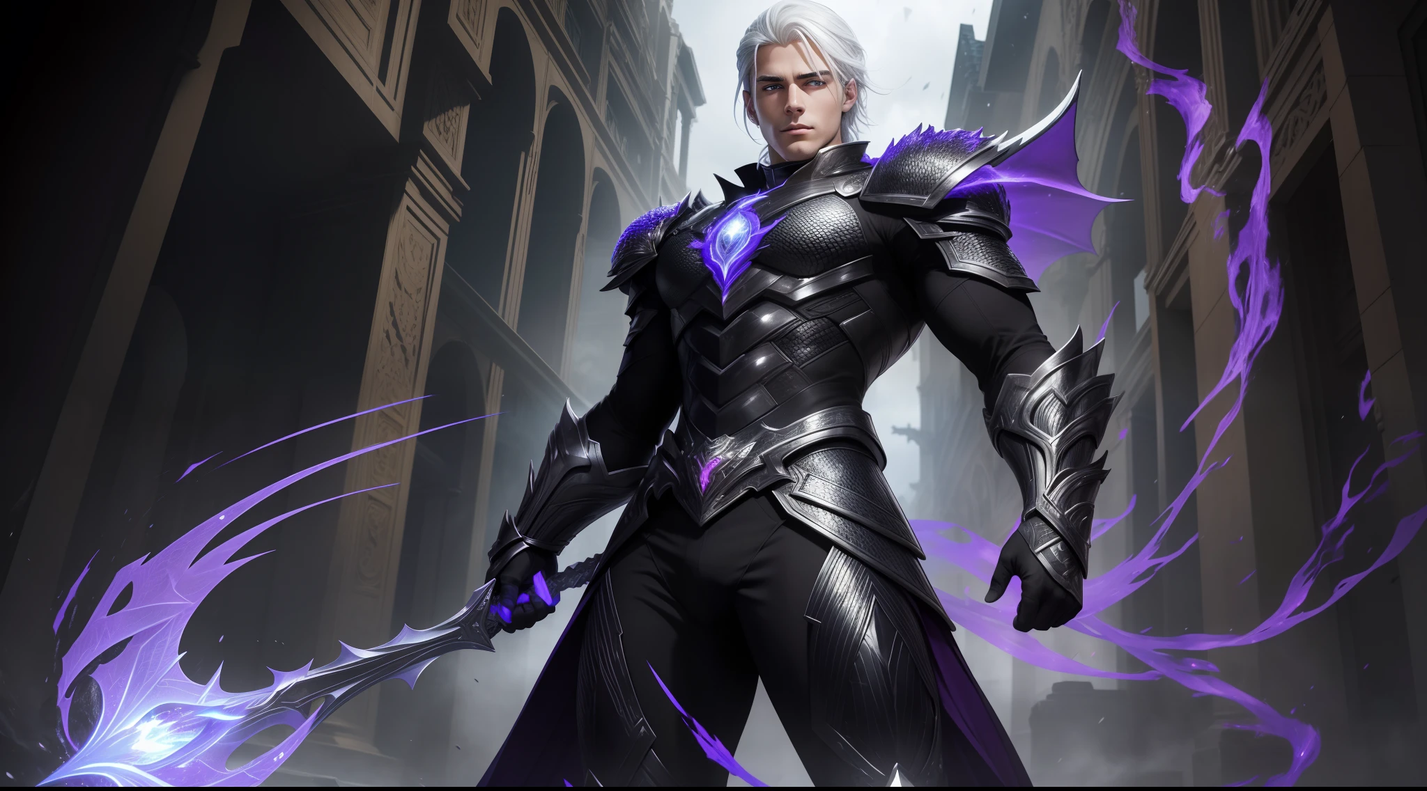 masterpiece, extremely accurate rendering, best image quality: Full body shot of Garrou with white hair, 20 year old handsome face, extremely accurate symmetrical rendering of beautiful eyes are the highlight of The award-winning work attracts all eyes, cold, fiery, central, full-body black armor inspired by dragon scales reflecting hellfire and purple-black lightning.