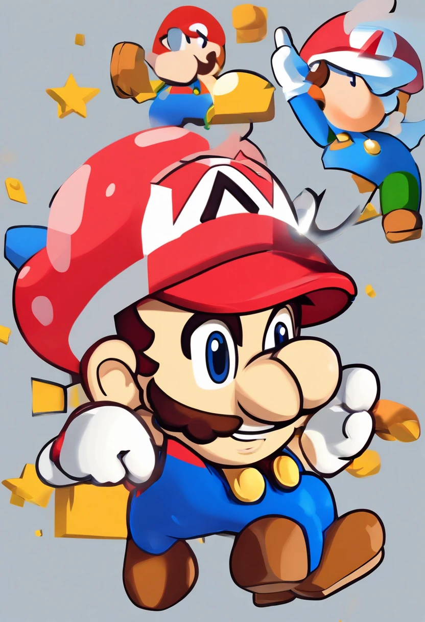 (Mario), design de personagens, Nintendo Super Mario, (olhos azuis, red hat, terno vermelho, blue suspenders, luvas brancas, )super bonito estilo caixa cega, Chibi, corpo inteiro, exaggerated expressions and actions, fundo limpo, Destaques iridescentes brilhantes, studio lighting, Atmospheric Illumination, com textura requintada, High detail, high resolution, c4d, ....3d, liquidificador, 8k, best quality, Ultra High Definition