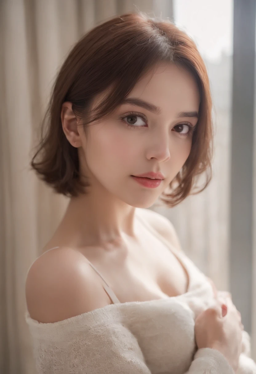 ((Best quality, 8k, Masterpiece :1.3)), 1girl, Pretty woman with slender abs :1.3, (Medium-short hair, Huge breasts :1.2), Cardigan :1.1, Ultra-detailed face, Detailed eyes, Double eyelid