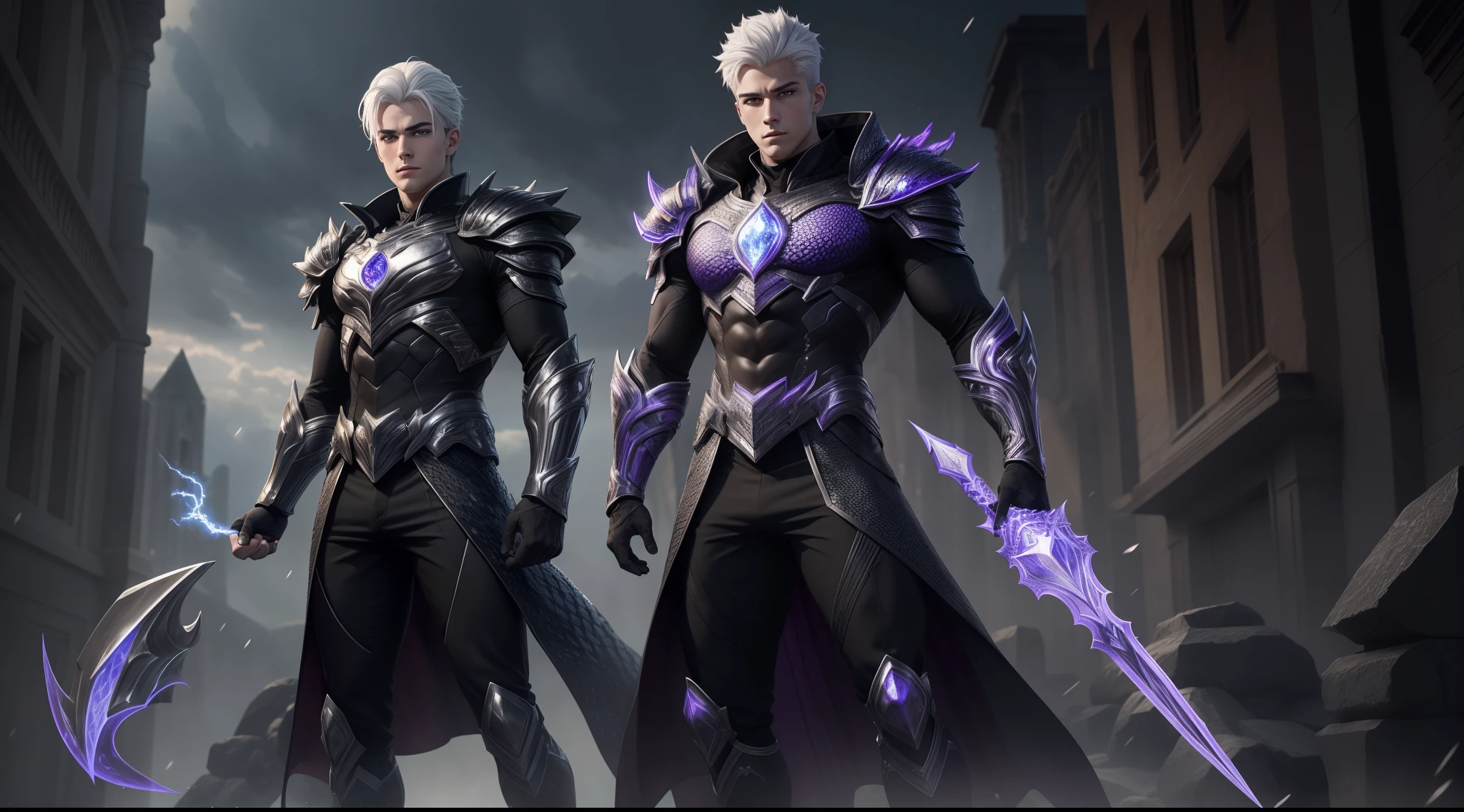 masterpiece, extremely accurate rendering, best image quality: Full body shot of Garrou with white hair, 20 year old handsome face, extremely accurate symmetrical rendering of beautiful eyes are the highlight of The award-winning work attracts all eyes, cold, fiery, central, full-body black armor inspired by dragon scales reflecting hellfire and purple-black lightning.