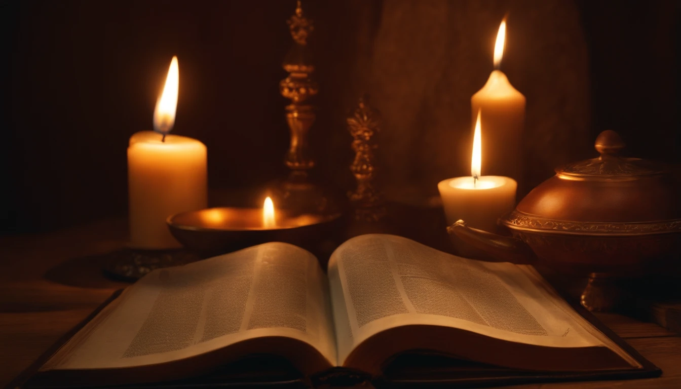 uma biblia aberta com velas do lado ultrarealista, the bible should be on the right side of the image, sem nenhuma pessoa