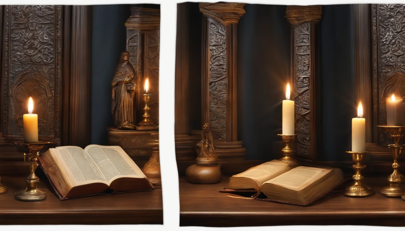 uma biblia aberta com velas do lado ultrarealista, the bible should be on the right side of the image, sem nenhuma pessoa