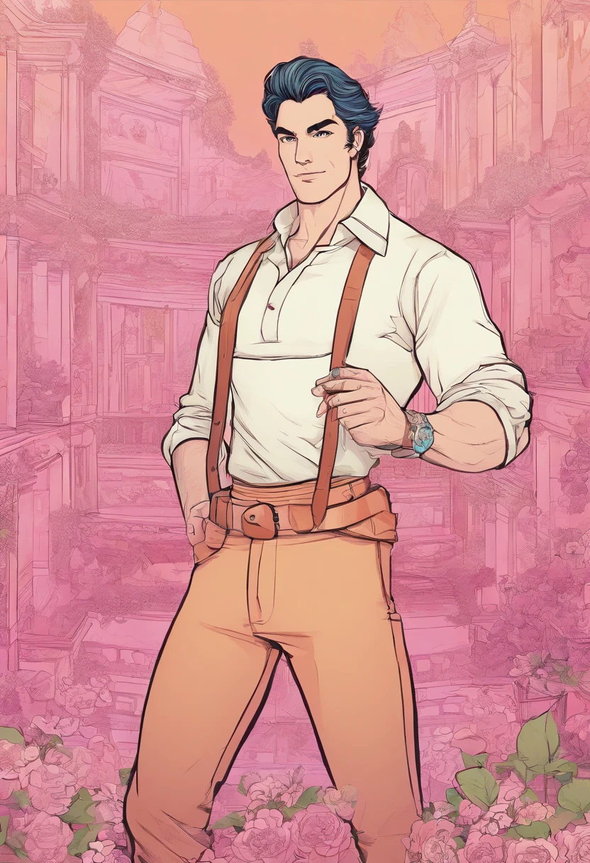 Um homem sem camisa e de cueca rosa,de costas, músculoso. Apoiado na janela olhando para a paisagem do horizonte. Homem lindo. Aesthetic portrait. Paisagem linda no fundo. Room of a medieval palace