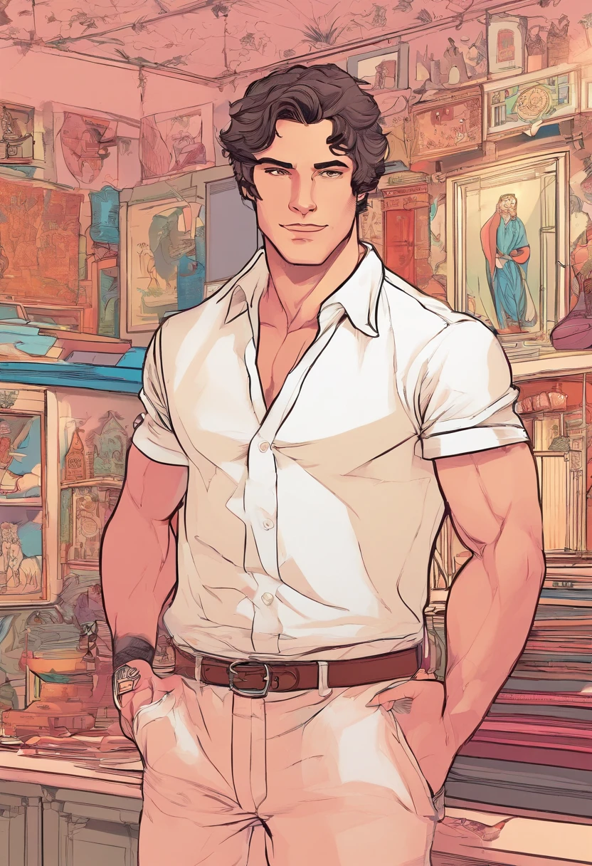 Um homem sem camisa e de cueca rosa,de costas, músculoso. Apoiado na janela olhando para a paisagem do horizonte. Homem lindo. Aesthetic portrait. Paisagem linda no fundo. Room of a medieval palace