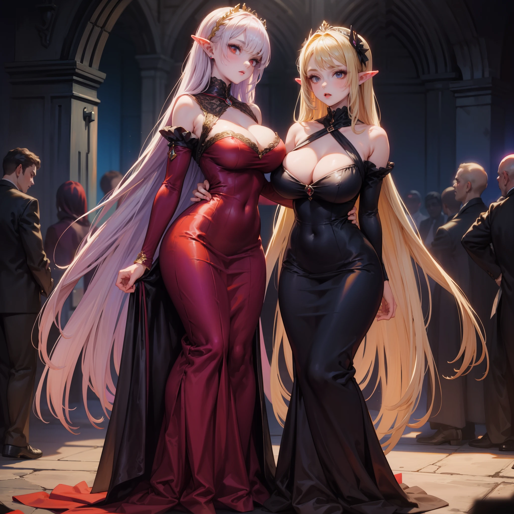 masterpiece, pixelart style, gorgeous vampir lady in a dark long dress with cleavage, at a underground party, big boobs, pointy ears,