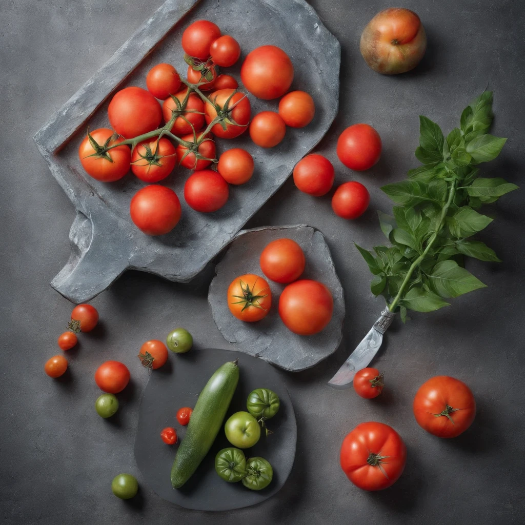 A summer environment where in the middle there is a bottle of tomatoes around several realistic tomatoes