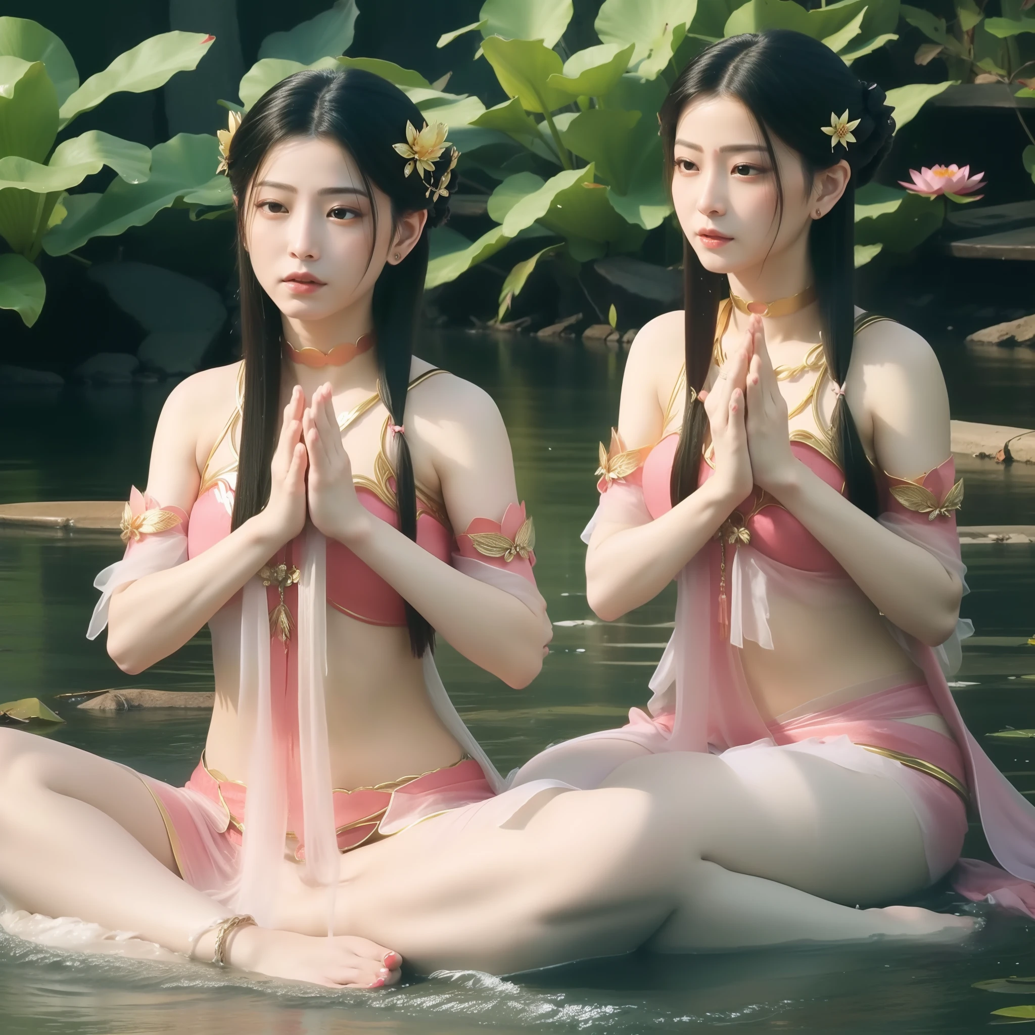 Sexy Guanyin meditation，（Yoga lotus sitting）,（Complete，Delicate and good-looking face）,（Get wet all over your body ，soaking wet）