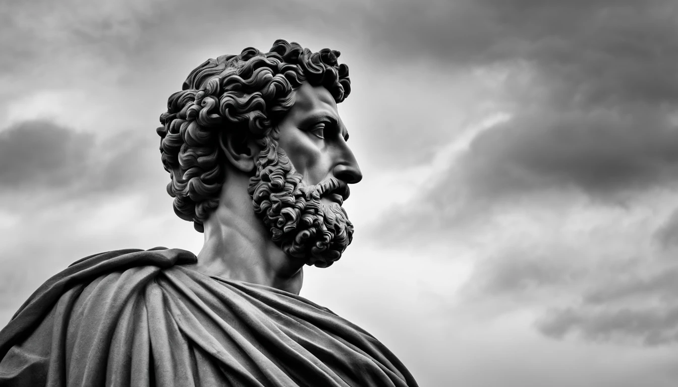 a portrait statue of the stoic Marcus Aurelius in black and white 4K,Face de lado, papel de parede super realista