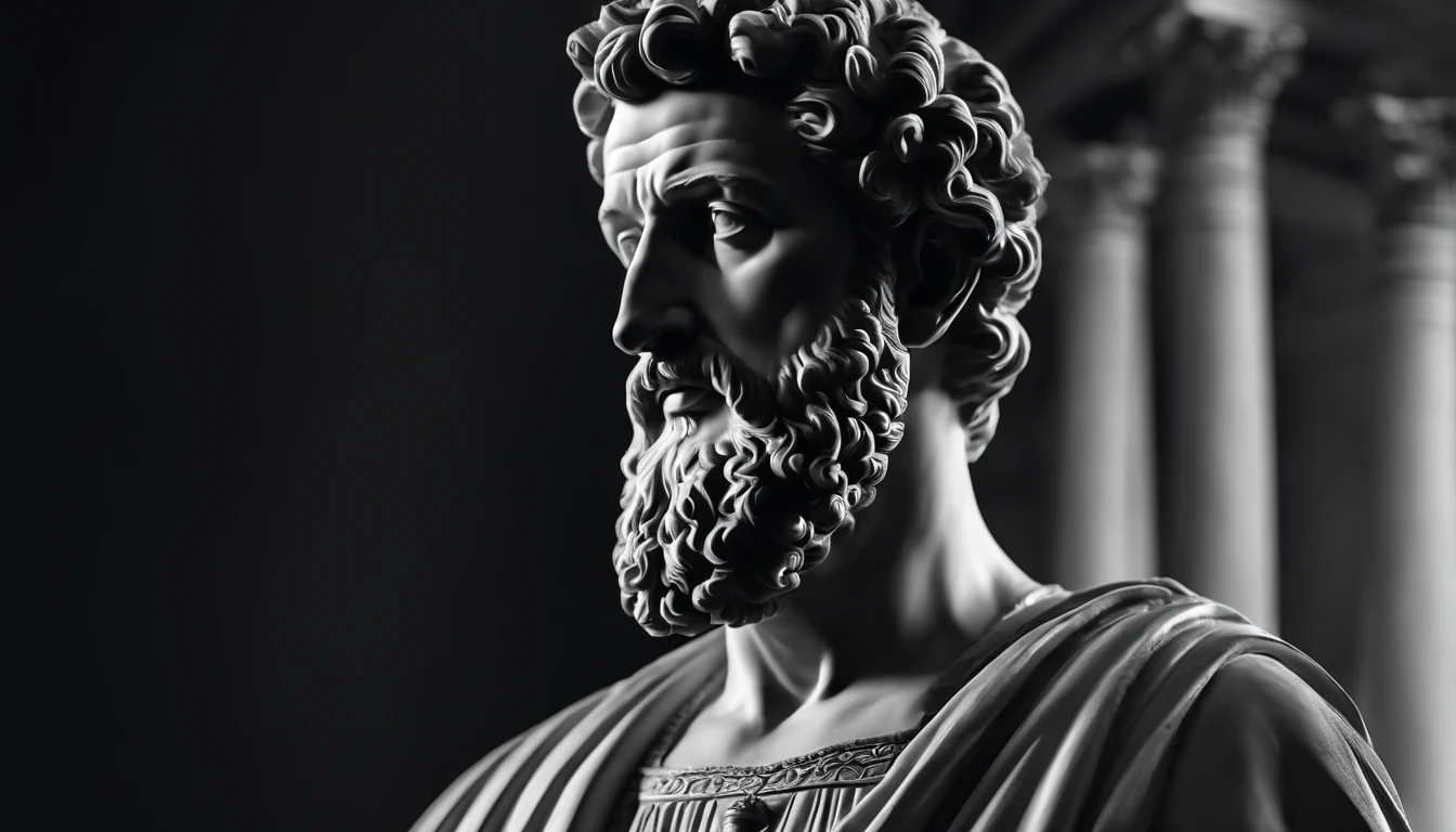 a portrait statue of the stoic Marcus Aurelius in black and white 4K,Face de lado, papel de parede super realista