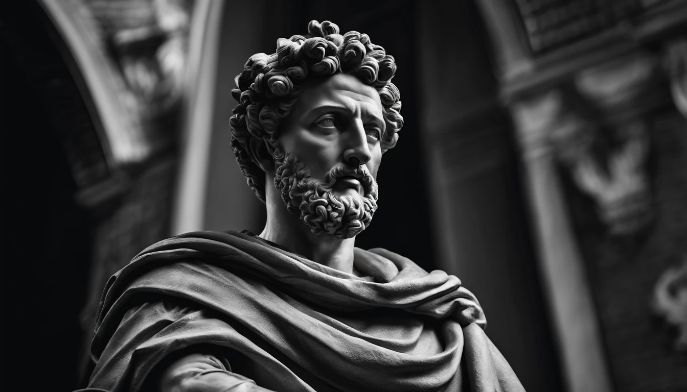 a portrait statue of the stoic Marcus Aurelius in black and white 4K,Face de lado, papel de parede super realista