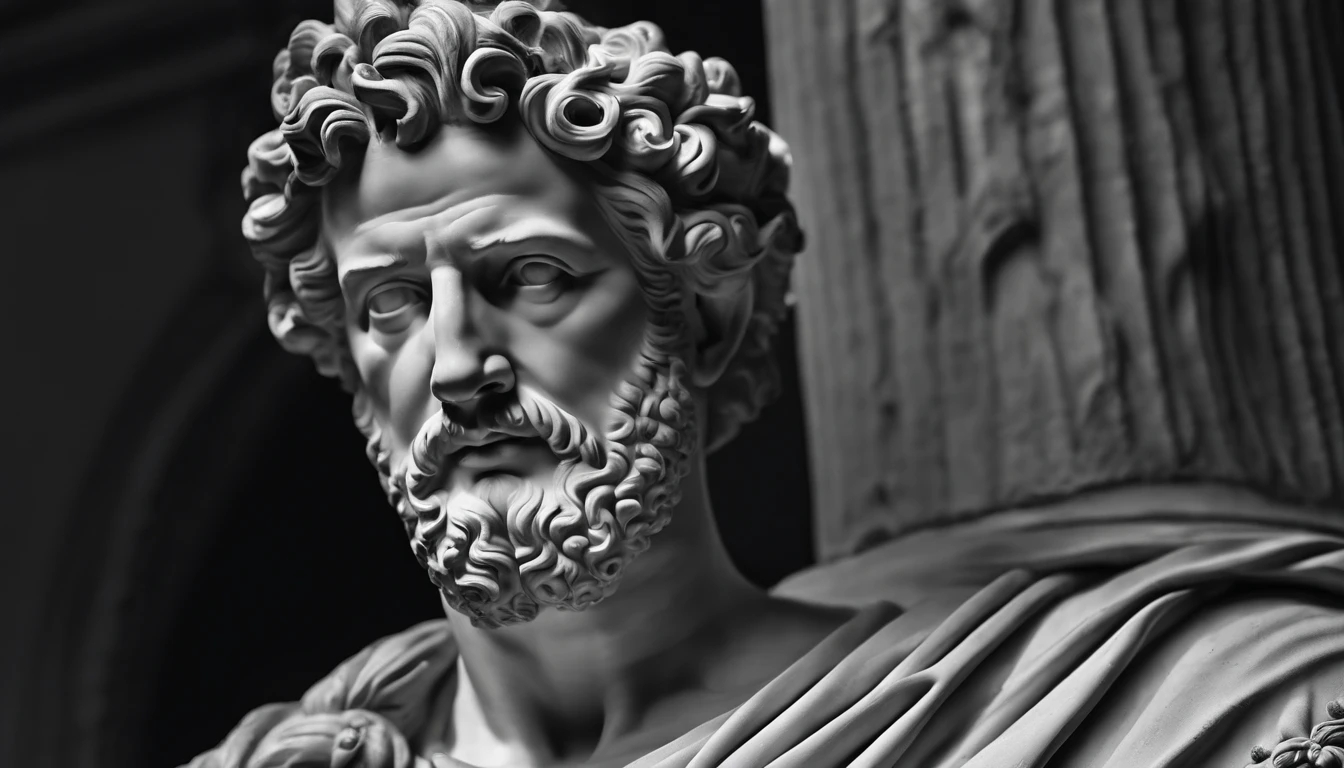 a portrait statue of the stoic Marcus Aurelius in black and white 4K,Face de lado, papel de parede super realista