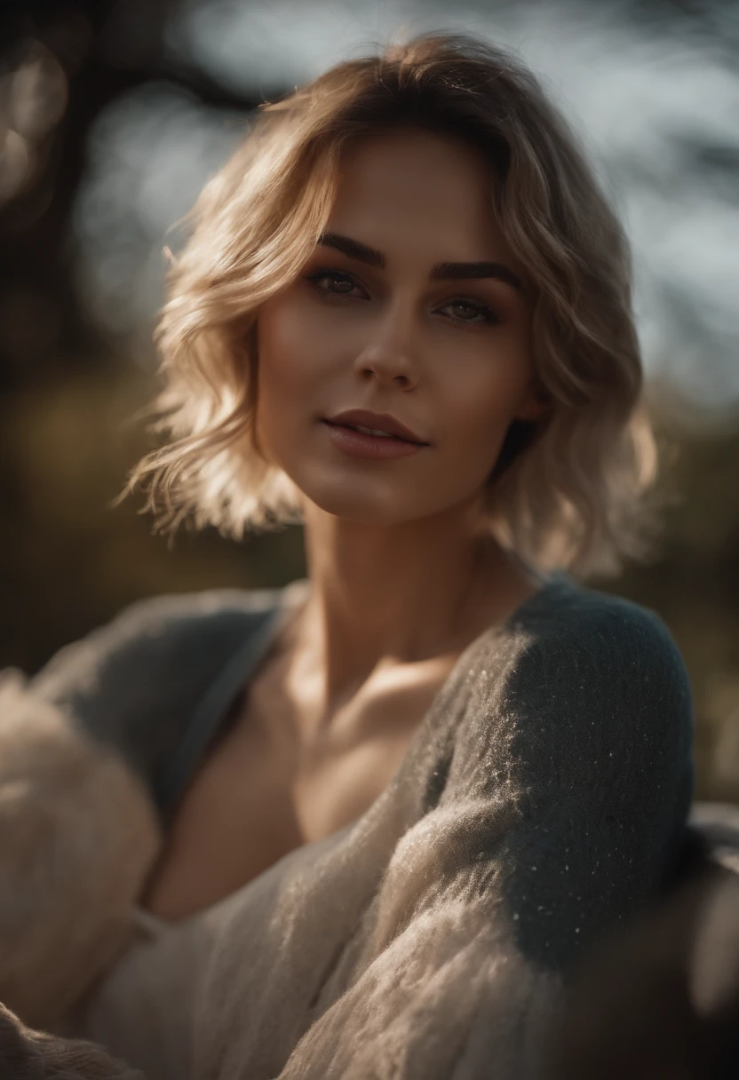 ((Best quality, 8k, Masterpiece :1.3)), 1girl, Pretty woman with slender abs :1.3, (Medium-short hair, Huge breasts :1.2), Cardigan :1.1, Ultra-detailed face, Detailed eyes, Double eyelid