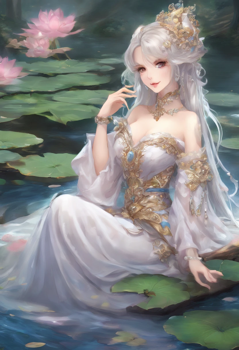 (Best quality,4K,8K,A high resolution,Masterpiece:1.2),Ultra-detailed,(Realistic,Photorealistic,photo-realistic:1.37),anime big breast,Girl sitting on a pond chair,lilies,Palace,A girl dressed in traditional Chinese clothing,gilded lotus princess,Guweiz in Pixiv ArtStation,Anime goddess,Guviz,Fan art in the style of Guvez,beautiful fantasy empress,long-haired blonde anime girl