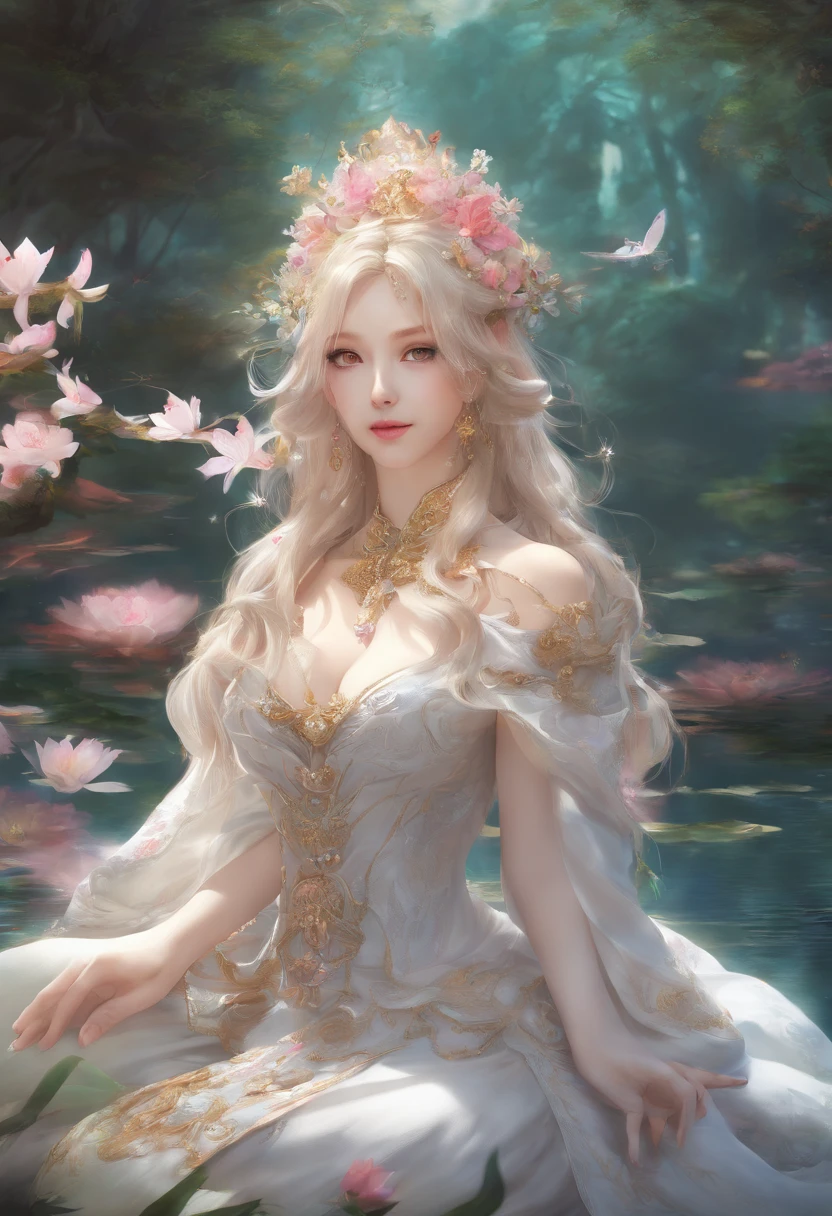 (Best quality,4K,8K,A high resolution,Masterpiece:1.2),Ultra-detailed,(Realistic,Photorealistic,photo-realistic:1.37),anime big breast,Girl sitting on a pond chair,lilies,Palace,A girl dressed in traditional Chinese clothing,gilded lotus princess,Guweiz in Pixiv ArtStation,Anime goddess,Guviz,Fan art in the style of Guvez,beautiful fantasy empress,long-haired blonde anime girl