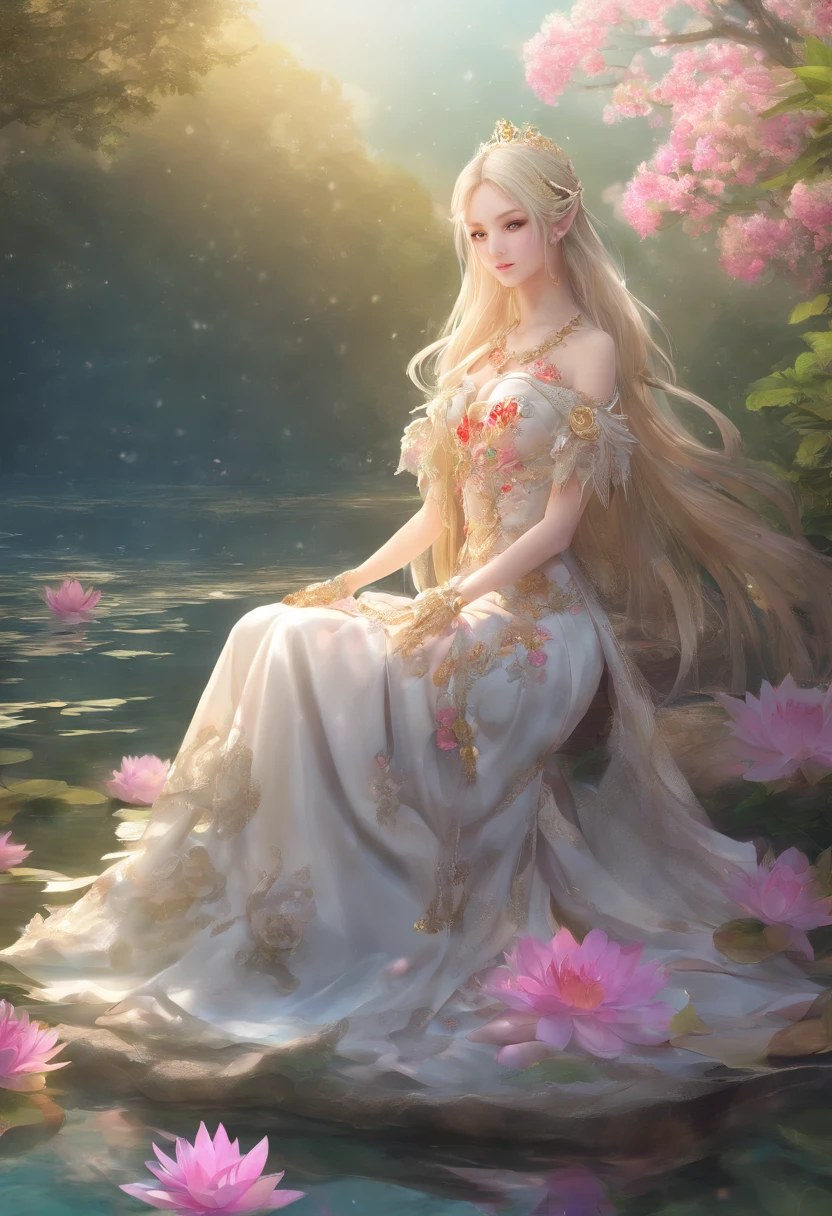 (Best quality,4K,8K,A high resolution,Masterpiece:1.2),Ultra-detailed,(Realistic,Photorealistic,photo-realistic:1.37),anime big breast,Girl sitting on a pond chair,lilies,Palace,A girl dressed in traditional Chinese clothing,gilded lotus princess,Guweiz in Pixiv ArtStation,Anime goddess,Guviz,Fan art in the style of Guvez,beautiful fantasy empress,long-haired blonde anime girl