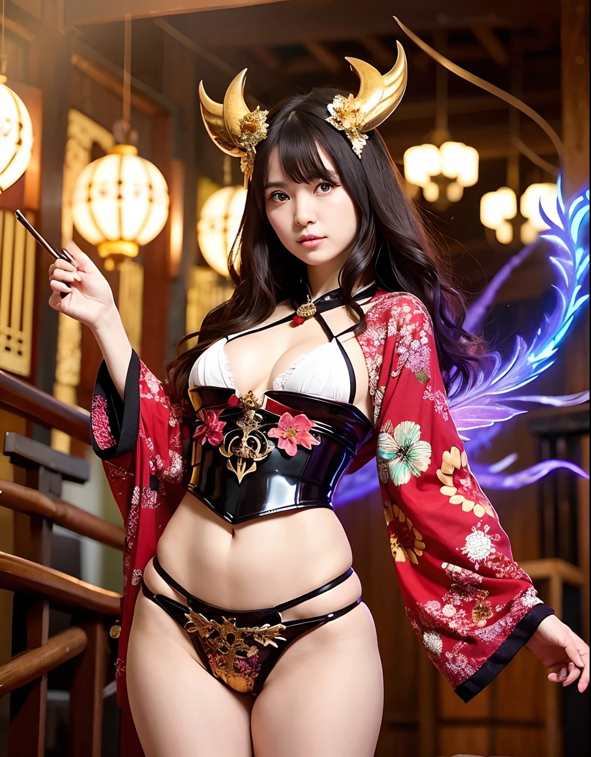 Professional , masterpiece、top-quality、photos realistic , depth of fields 、Dark Fantasy、(fullmoon:1.9)、(shooting stars:0.9)、(nebulas:1.3)、A dark-haired、(White bikini armor)、(Mystical expression)、(The fox has five tails)((Fight dragons)),(Wear a beautiful kimono),(Wear a beautiful kimono with colorful floral patterns)、Jewel Gold Weapon、Particles of light),(Has a devil's mask)、Gorgeous gold weapons ,(( Gorgeous Dragon Sword)) , (Fox Mask),,(maikurobikini) 、((Black Haired Beautiful Girl))、(Castle background)、(demonic wings)、((Gangle's forest background))、Beautiful Caucasian beauty、1a person、dynamic ungle,(((Two devil's horns on the head)))、Smaller head、Idle Smile、Thin and beautiful female hands、Mystical expression、Light Effects、intense fighting、Wind-effect、magic circles、With the legendary magic wand、Dragon's tail、
