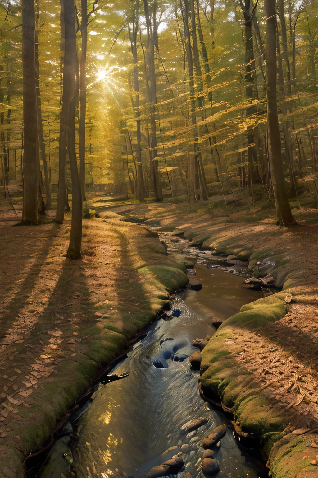 Generate an AI image of a serene forest scene during golden hour. The sunlight should filter through the leaves, casting warm, soft shadows on the forest floor. Show a small creek meandering through the woods.