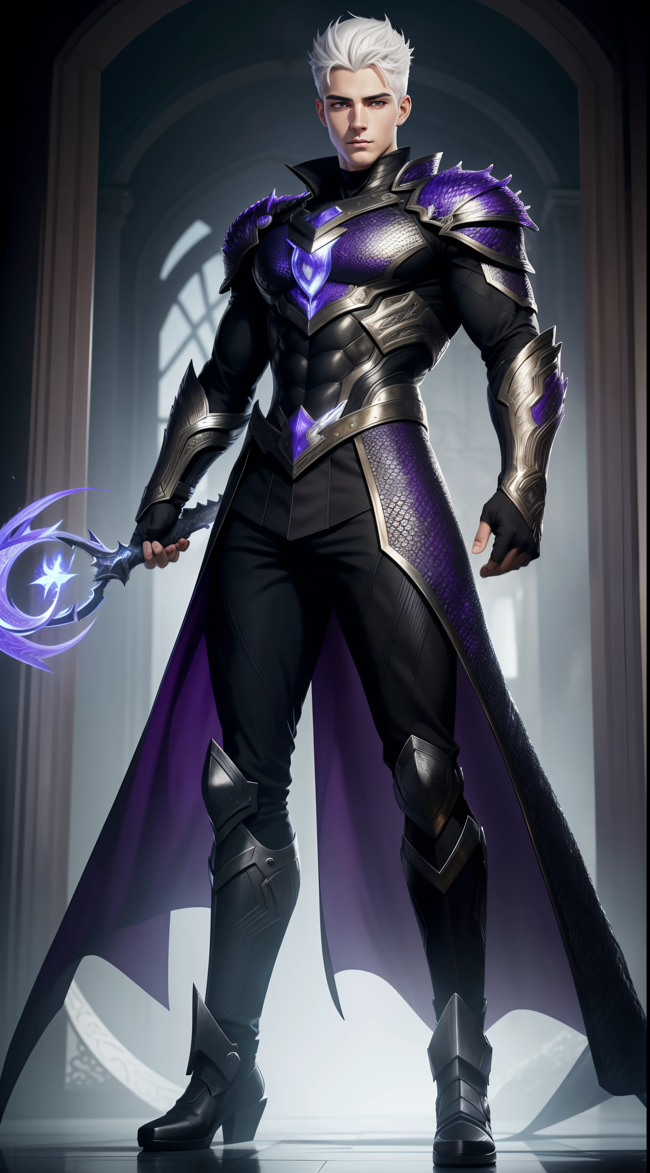 masterpiece, extremely accurate rendering, best image quality: Full body shot of Garrou with white hair, 20 year old handsome face, extremely accurate symmetrical rendering of beautiful eyes are the highlight of The award-winning work attracts all eyes, cold, fiery, central, full-body black armor inspired by dragon scales reflecting hellfire and purple-black lightning.