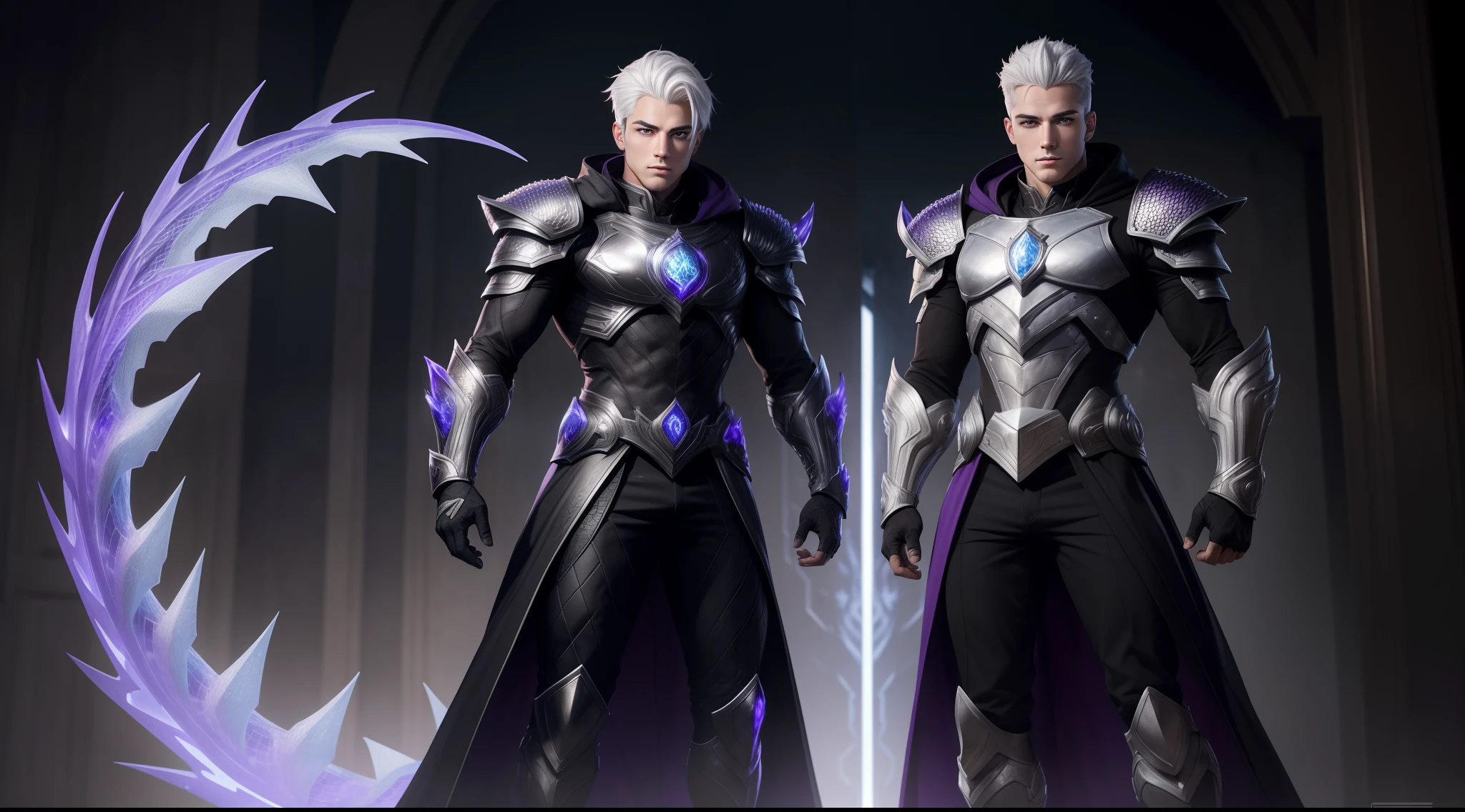 masterpiece, extremely accurate rendering, best image quality: Full body shot of Garrou with white hair, 20 year old handsome face, extremely accurate symmetrical rendering of beautiful eyes are the highlight of The award-winning work attracts all eyes, cold, fiery, central, full-body black armor inspired by dragon scales reflecting hellfire and purple-black lightning.