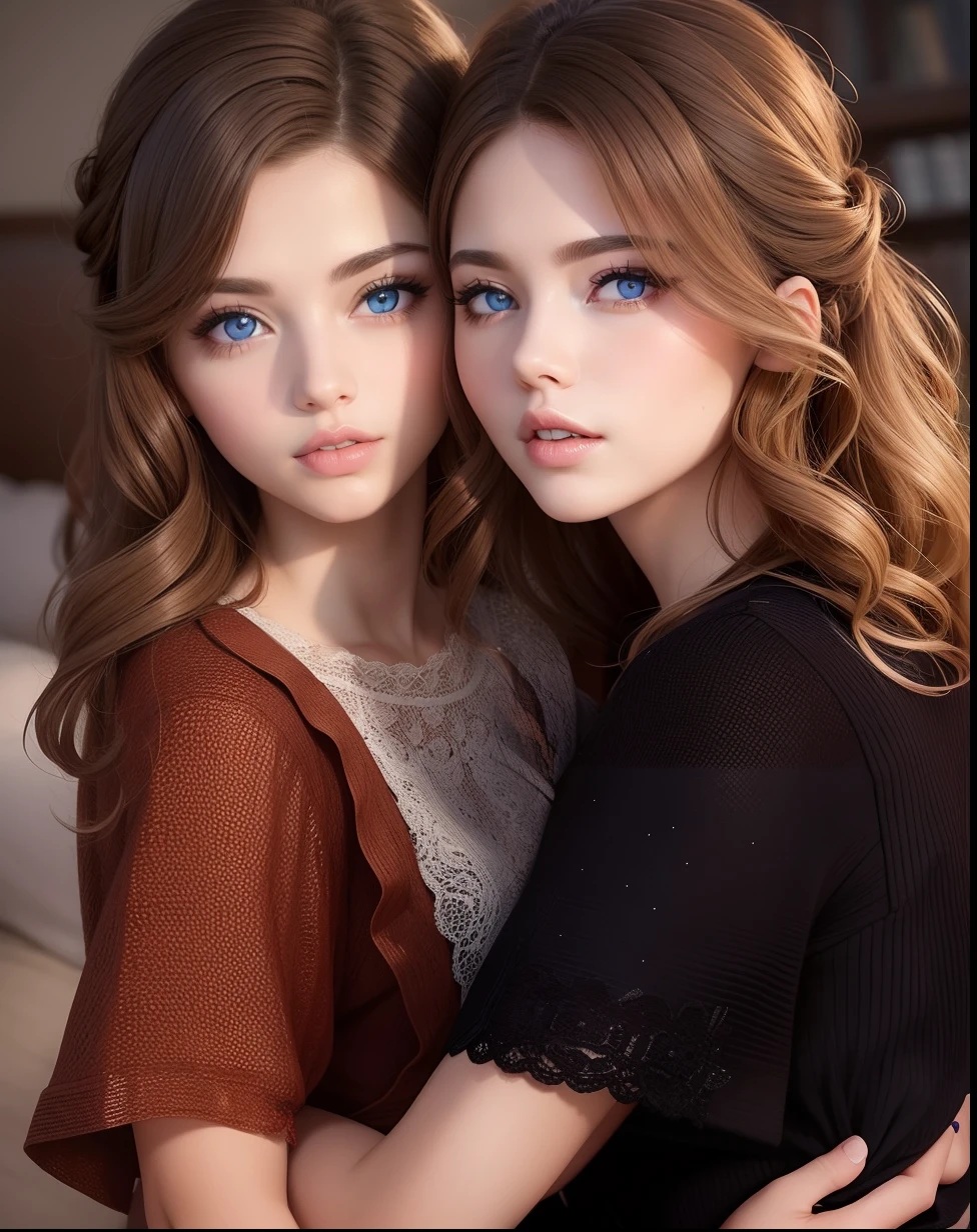 Twin sisters、Eyes with beautiful blue iris、Curled hairstyles、Contoured、Beautiful Girl Sisters