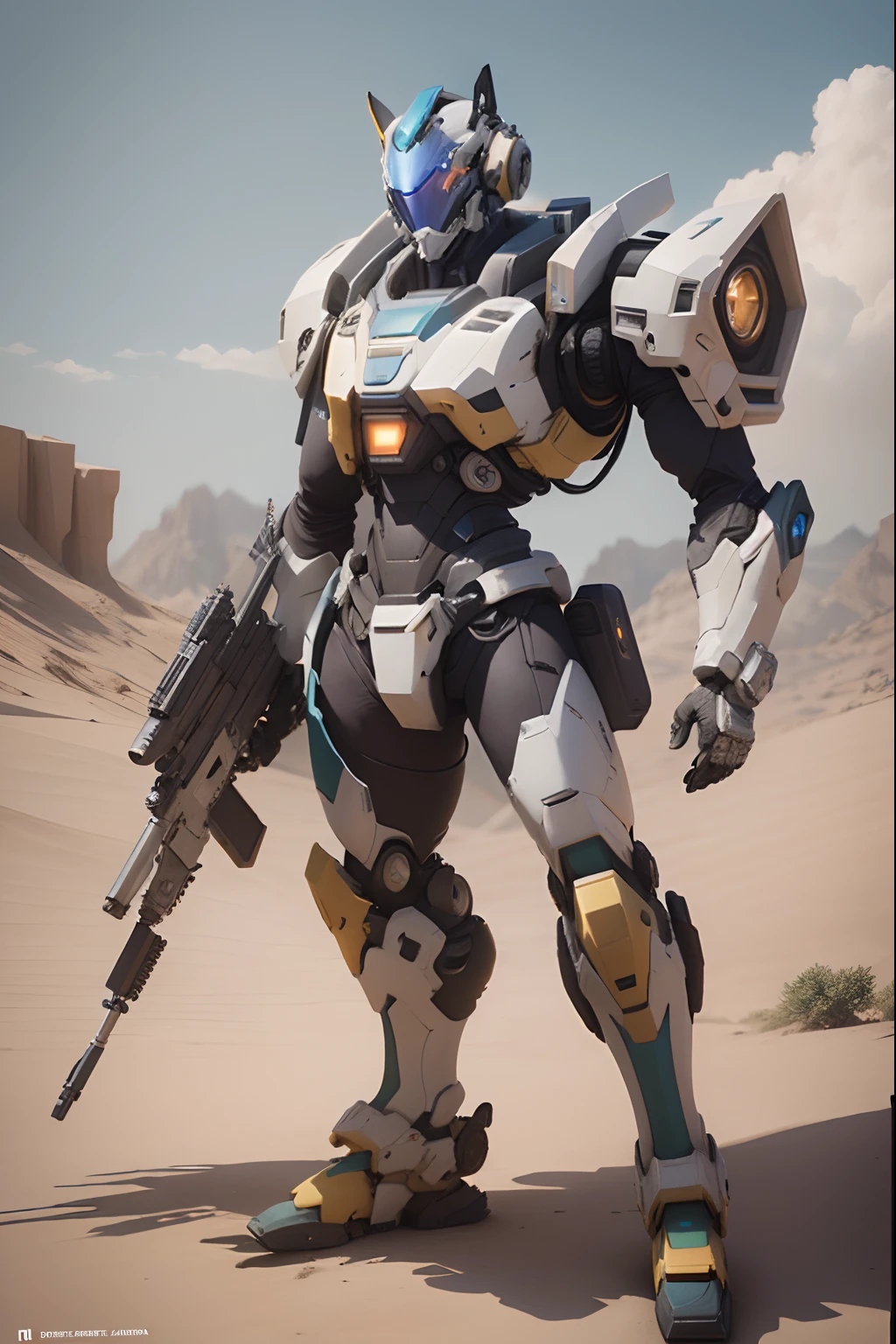 Araffe in a suit with a gun and a helmet standing in a desert, Sigma de Overwatch, como personagem de overwatch, Baptiste de Overwatch, 8k octanas renderizadas, terno mecha, 8k octane 3d render, Overwatch bastion, Como um personagem de Overwatch, octane highly detailed cinematic, estilo fantasia 8 k octane render, 8 k octane detailed render