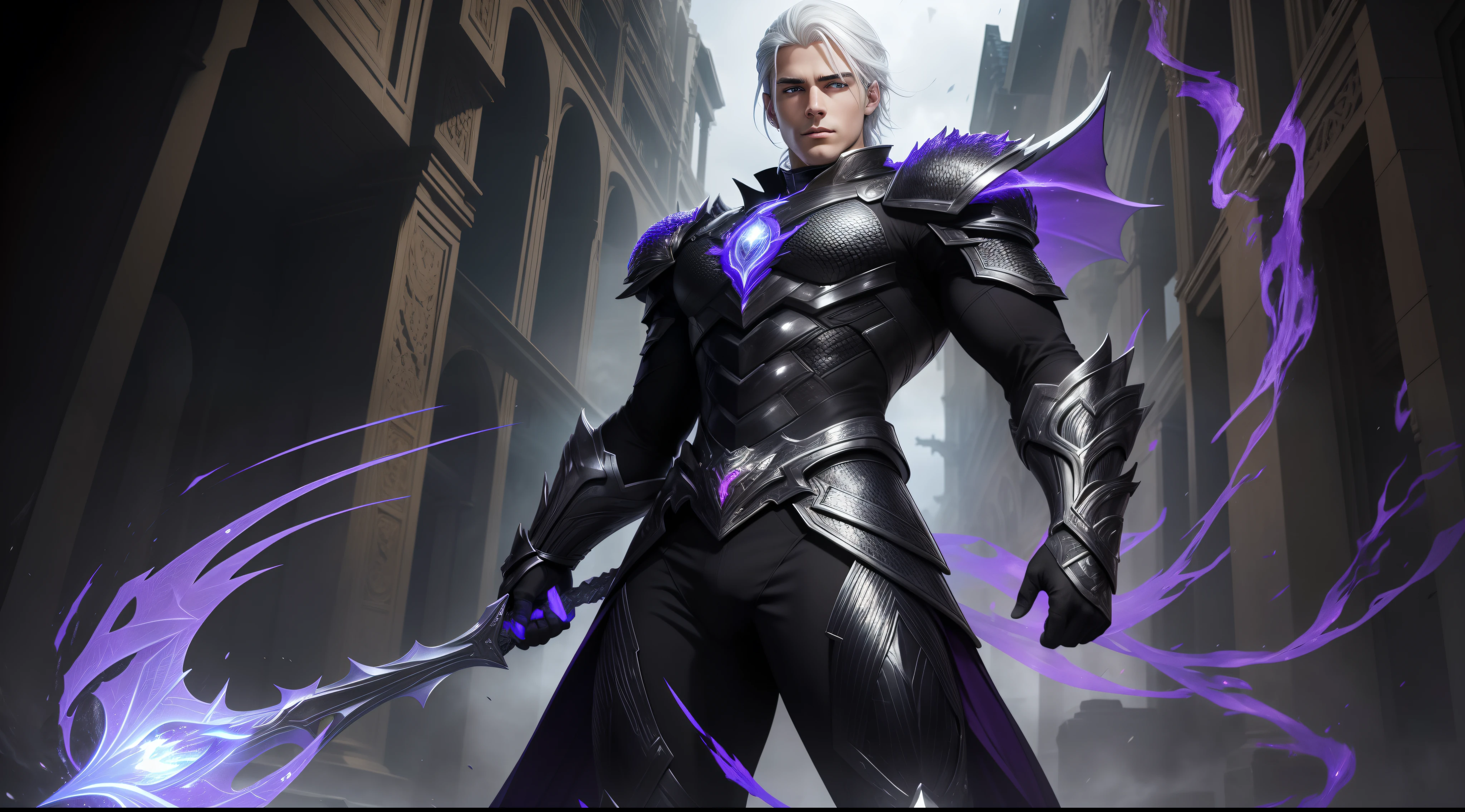 masterpiece, extremely accurate rendering, best image quality: Full body shot of Garrou with white hair, 20 year old handsome face, extremely accurate symmetrical rendering of beautiful eyes are the highlight of The award-winning work attracts all eyes, cold, fiery, central, full-body black armor inspired by dragon scales reflecting hellfire and purple-black lightning.