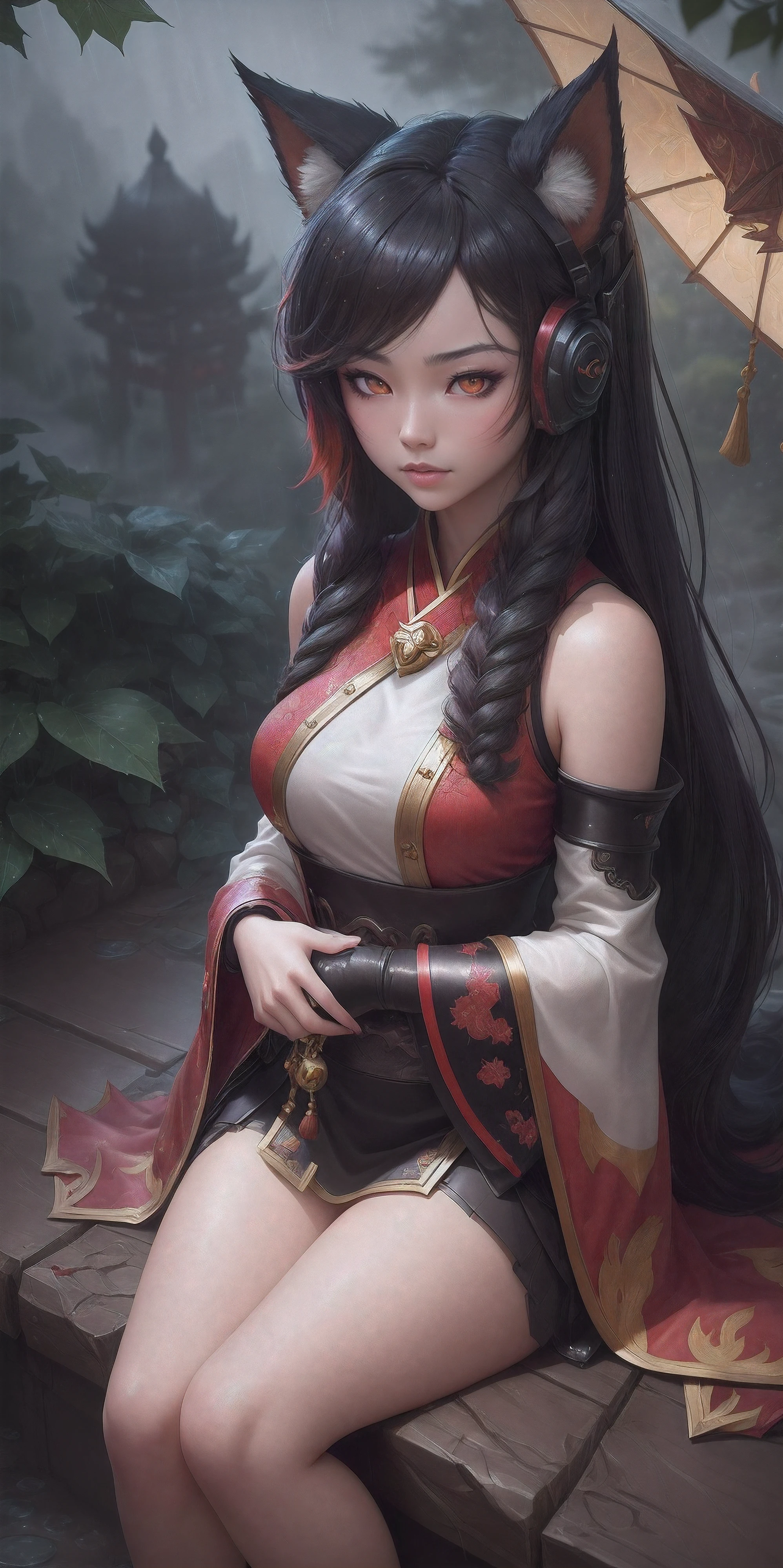 (League of Legends:1.5), (detailed manga illustration:1.2),(masterpiece:1.25),(best quality), (ultra-detailed:1.25),(idyllic),chinese classical style, (rain:1.2),raindrop, (maplegrove:1.3),dense leaves, rockery landscapr, spring water, [ink painting], (mournful, poignant), (color splashing:1.15),(watercolor:1.2),(depth of field:1.25),(solo:1.5) ,[ghostdom], backlight, [looking to the side],
(1 beautiful girl:1.25) with (chinese hanfu: dark red+black),(chinese antiquities) and gorgeous,(hair ribbon),(fox ears),(detailed beautiful red eyes:1.15), (beautiful face:1.15), (black long hair, gradual dark red colored tips), (fox tail),(maple leaves, fallen leaves),soaking feet, expressionless, sitting under a maple tree,