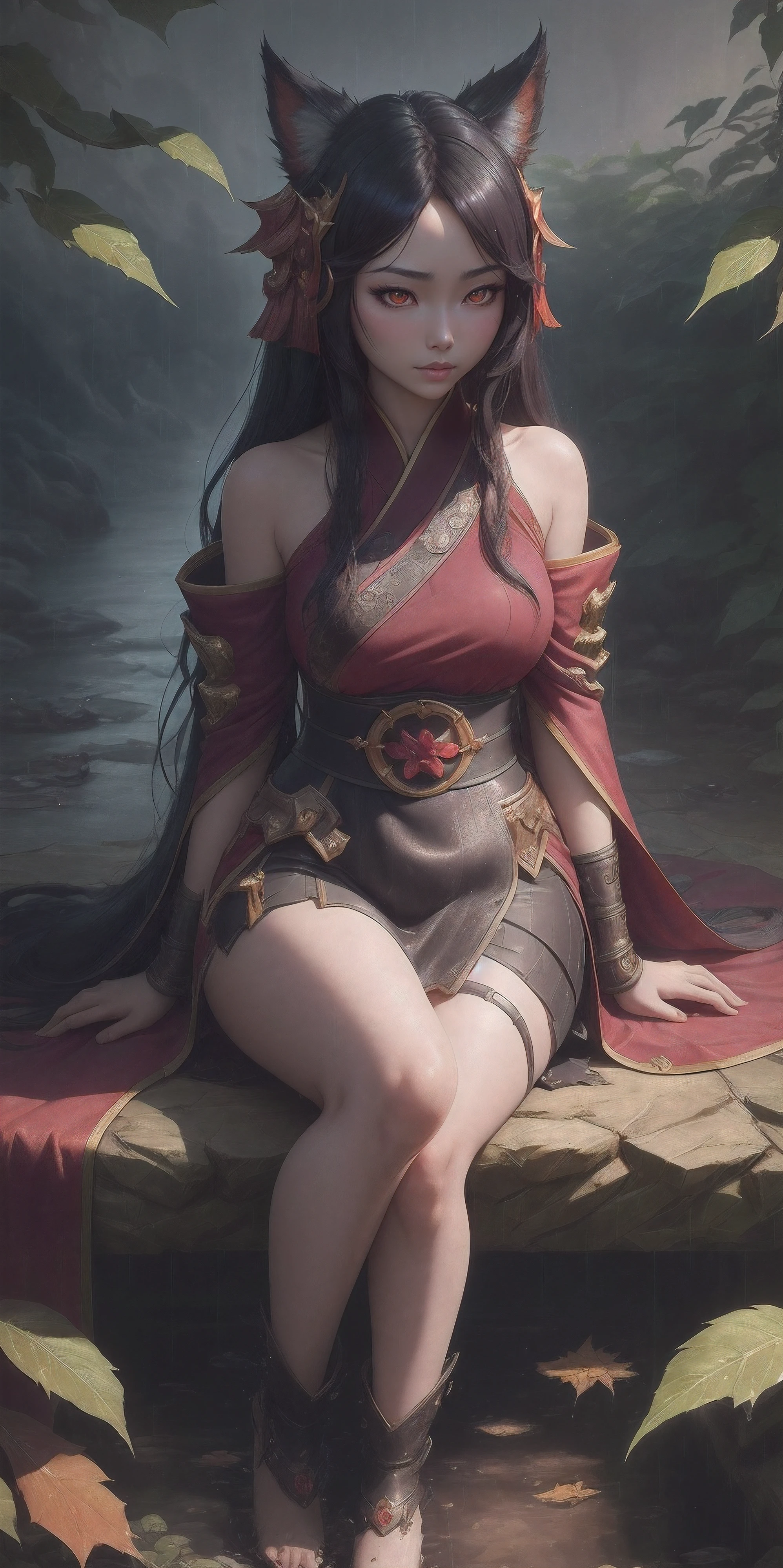 (League of Legends:1.5), (detailed manga illustration:1.2),(masterpiece:1.25),(best quality), (ultra-detailed:1.25),(idyllic),chinese classical style, (rain:1.2),raindrop, (maplegrove:1.3),dense leaves, rockery landscapr, spring water, [ink painting], (mournful, poignant), (color splashing:1.15),(watercolor:1.2),(depth of field:1.25),(solo:1.5) ,[ghostdom], backlight, [looking to the side],
(1 beautiful girl:1.25) with (chinese hanfu: dark red+black),(chinese antiquities) and gorgeous,(hair ribbon),(fox ears),(detailed beautiful red eyes:1.15), (beautiful face:1.15), (black long hair, gradual dark red colored tips), (fox tail),(maple leaves, fallen leaves),soaking feet, expressionless, sitting under a maple tree,
