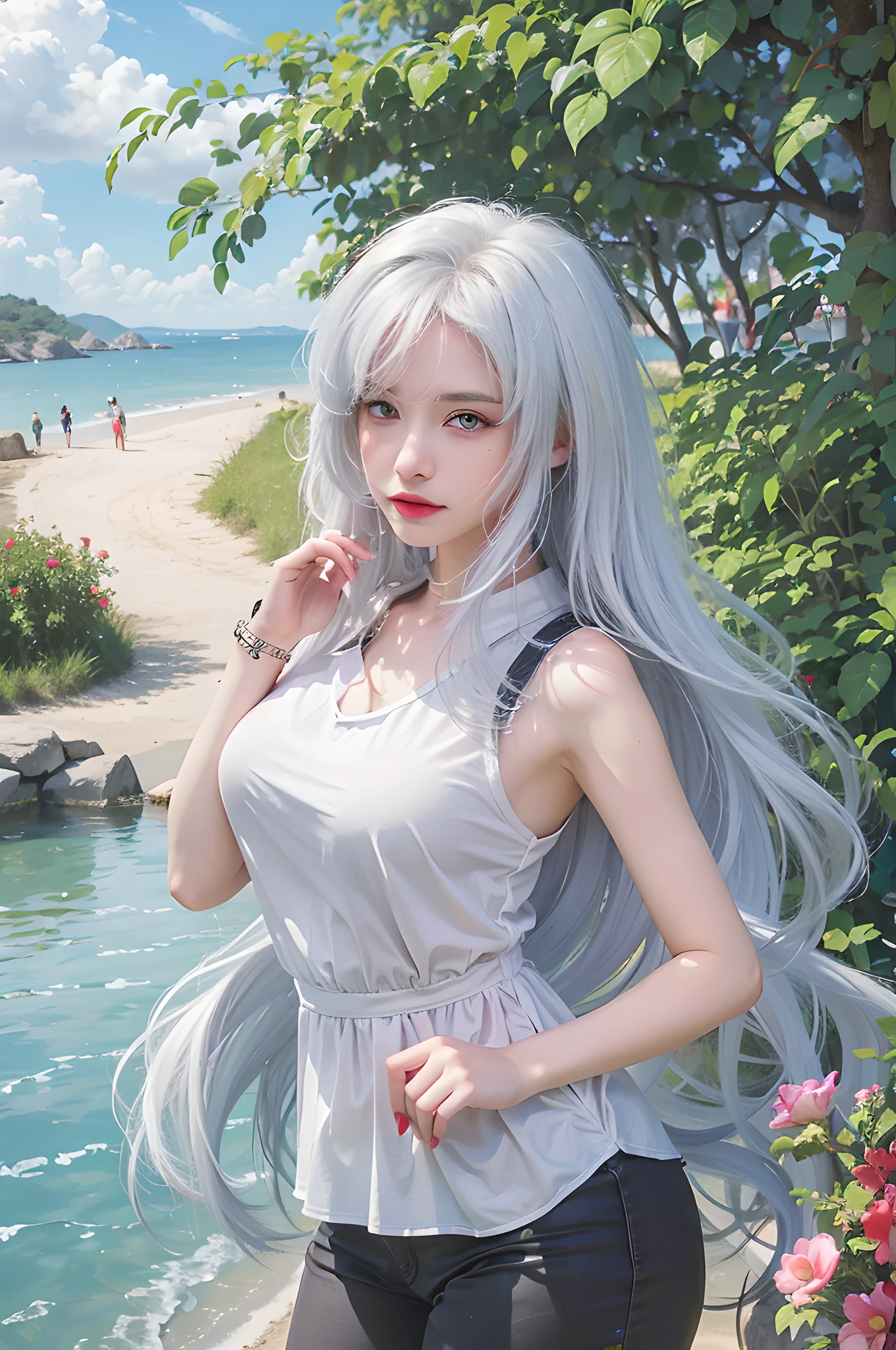 (photorealistic:1.4), best quality, masterpiece, ultra high res, 1girl, (detailed face:1.2), (detailed eyes:1.2), (detailed hair:1.2), (detailed clothes:1.2), 4k, (detailed color:1.2), perfect finger, (white hair:1.2), (red eyes:1.2),