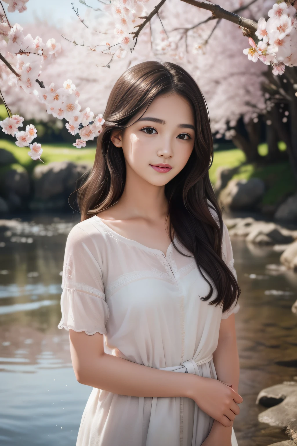 portrait,18 year old girl,Japanese,realistic face,looks at viewer's face,naked,outside,(best quality,4k,8k,highres,masterpiece:1.2),ultra-detailed,(realistic,photorealistic,photo-realistic:1.37),HDR,UHD,studio lighting,extreme detail description,professional,beautiful detailed eyes,beautiful detailed lips,extremely detailed face,long eyelashes,soft and flawless skin,wavy dark hair,freckles on cheeks,gently smiling expression,peaceful and calm atmosphere,vibrant and vivid colors,bokeh,subtle and warm color tones with a touch of pink and gold,soft natural lighting that highlights the girl's features while casting gentle shadows,scenic natural background with blooming cherry blossom trees and a calm lake reflecting the iridescent colors of the sunset, ethereal and dreamlike ambiance that creates a sense of serenity and beauty,meticulously painted strokes and fine brushwork that capture the intricate details of the girl's face and the surrounding nature, an art piece that encapsulates the essence of youth, vulnerability, and natural beauty.