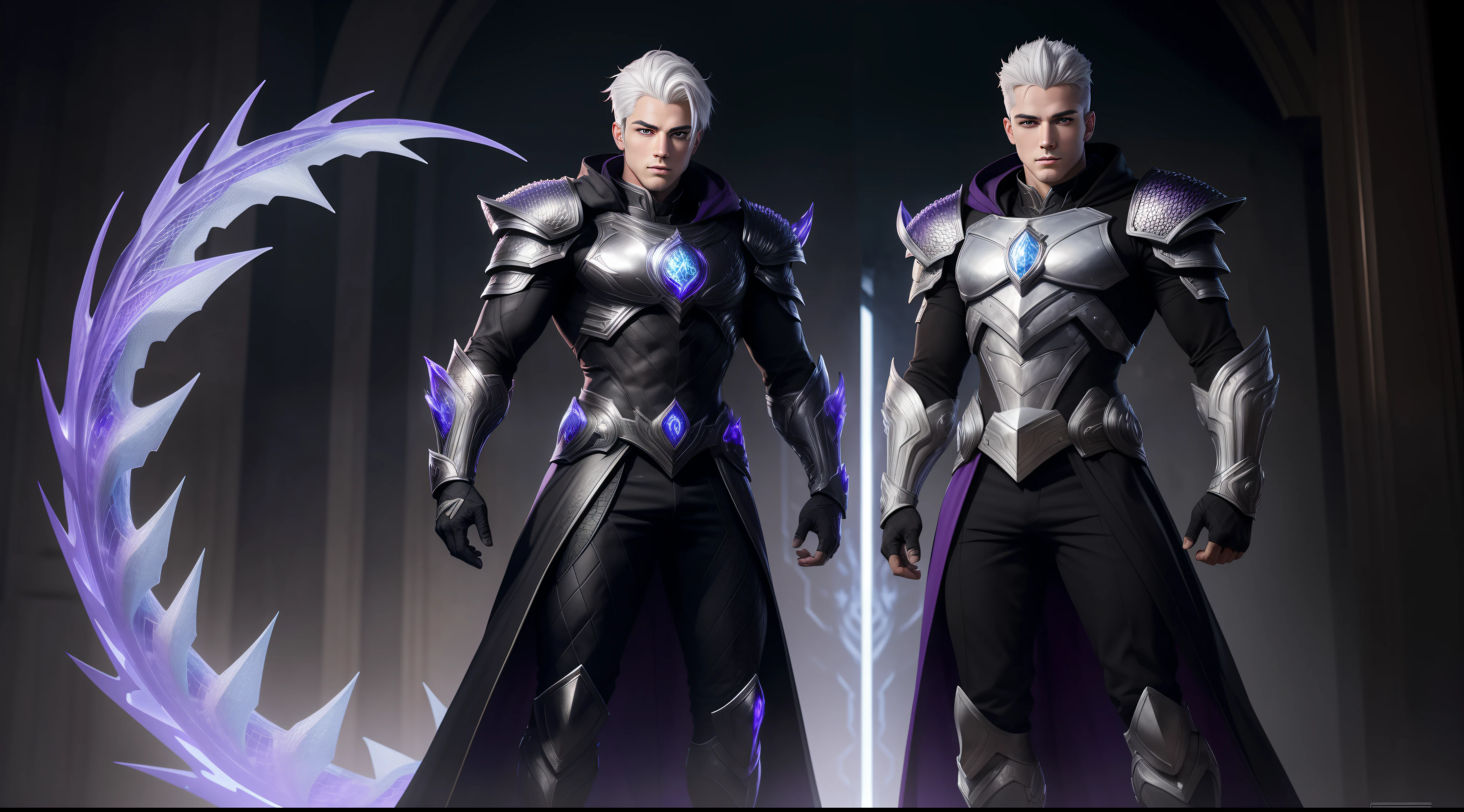 masterpiece, extremely accurate rendering, best image quality: Full body shot of Garrou with white hair, 20 year old handsome face, extremely accurate symmetrical rendering of beautiful eyes are the highlight of The award-winning work attracts all eyes, cold, fiery, central, full-body black armor inspired by dragon scales reflecting hellfire and purple-black lightning.