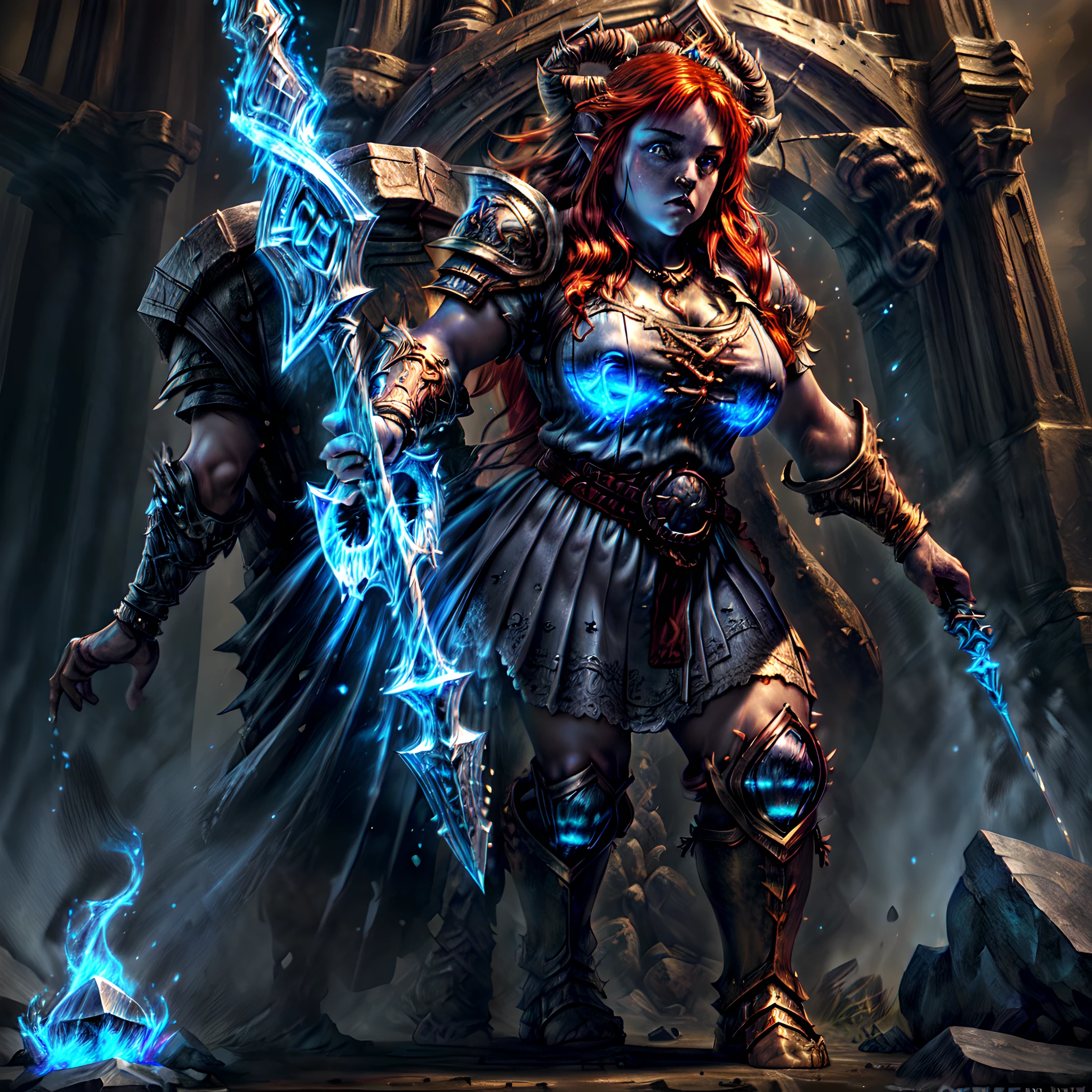 zrpgstyle high details, best quality, 8k, [ultra detailed], masterpiece, zrpgstyle best quality, (extremely detailed), dynamic angle, ultra wide shot, photorealistic, fantasy art, dnd art, rpg art, realistic art, zrpgstyle an ultra wide picture of female dwarf cleric, holding axe with red fire on it , casting a spell, wearing heavy armor, white armor (best details, Masterpiece, best quality: 1.5), blue cloak (intricate details, Masterpiece, best quality), holy symbol,(best details, Masterpiece, best quality: 1.5), from symbol GlowingRunes_paleblue, beautiful female dwarf, ultra detailed face, ultra feminine, red hair, intense eyes, green eyes, D&D female dwarf (best details, Masterpiece, best quality: 1.5) fantasy temple background, celestial background, ((divine worship atmosphere)), high details, best quality, highres, ultra wide angle