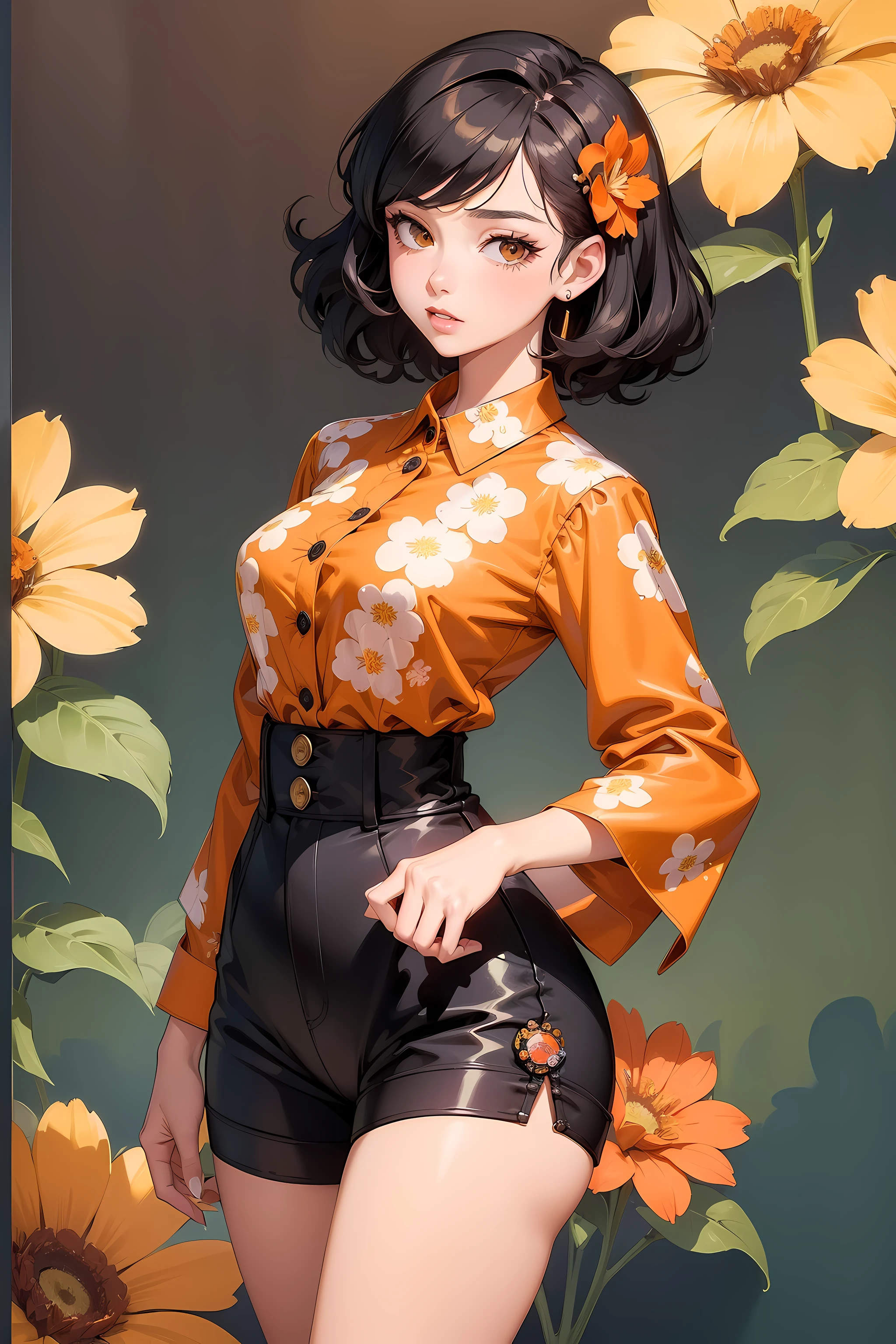 (((Masterpiece))), a top influencer woman, top quality, super detailed, cute and spunky, retro 60's style, fair skin, short curly black hair with flower clips, orange button up crop top transparent floral print sleeves, brown high waist button up shorts, skating rink background