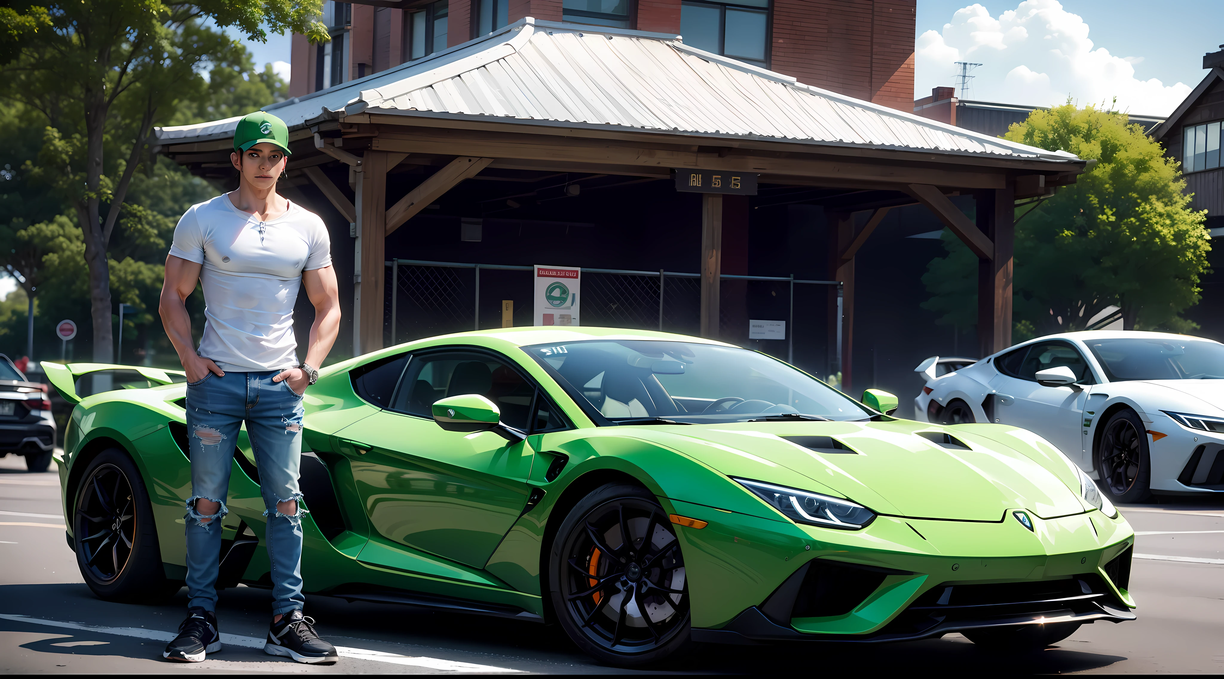 zoro from ine piece anime, green hair, 1 man, wearing white t-shirt, jeans, green nikes, wearing green baseball cap, leaning on car, in parking area, green lamborghini car, in parking area, looking at audience, masterpiece, textured leather, super detailed, high detail, high quality, best quality, 1080p, HD, 16k