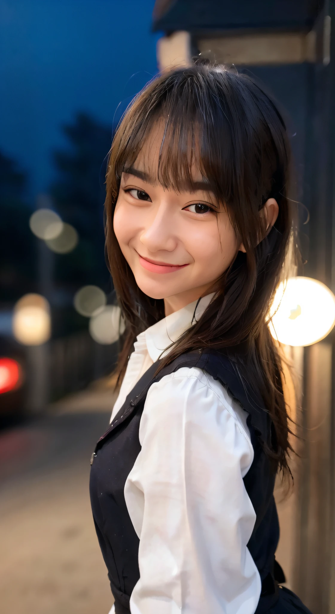 (RAW photo, best quality), (realistic, photo-realistic:1.3), masterpiece, an extremely delicate and beautiful, extremely detailed, Amazing, finely detail, light smile, extremely detailed CG unity 8k wallpaper, huge filesize, ultra-detailed, highres, absurdres, soft light, floating hair novafrogstyle)), beautiful detailed girl, detailed fingers, extremely detailed eyes and face, beautiful detailed nose, beautiful detailed eyes, long eyelashes, light on face, looking at viewer,  cute, young, (full body:1.3), ((small breasts)), realistic face, realistic body, beautiful detailed thigh, (ulzzang-6500-v1.1:0.8),a smile,A schoolgirl,seethru school uniform,nights,City lights