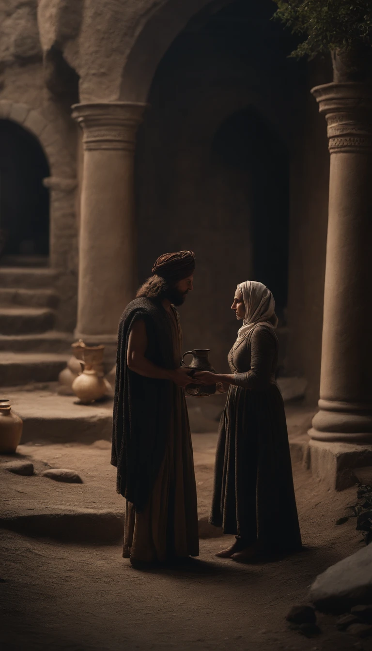 Create an image that depicts the moment Elijah meets the widow of Zarephath at the city gate, where she's collecting sticks. Highlight the flour jug and the oil jug.