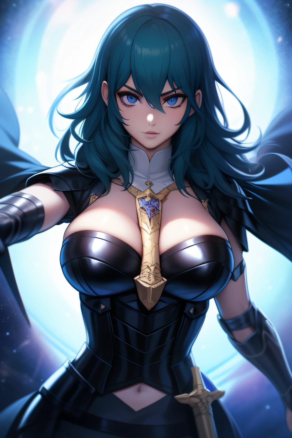 An anime-style artwork depicting Byleth from the game Fire Emblem: Three Houses.

Tags: Byleth, protagonist, anime, detailed eyes, detailed lips, blue hair, mercenary attire, sword-wielding, serious expression, intense gaze, glowing emblem on hand, dynamic pose, mystical background, vibrant colors, digital art, high-resolution, professional quality.