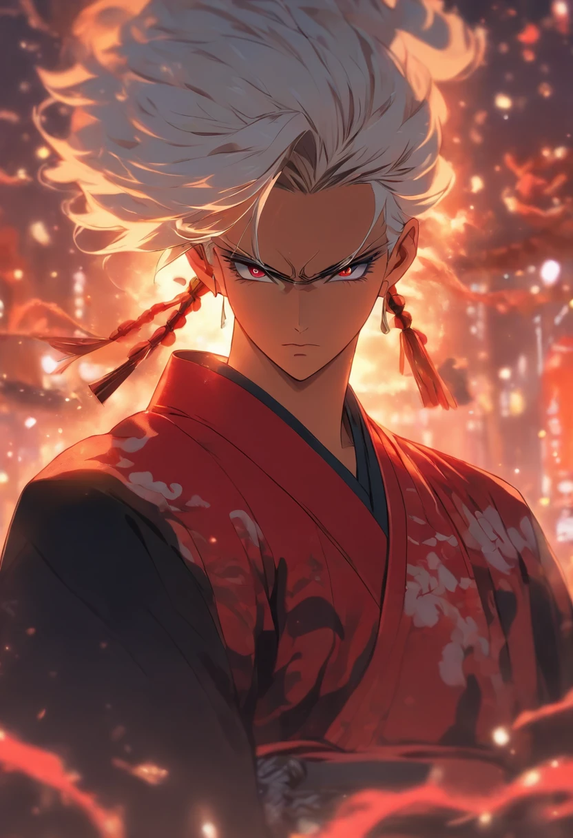 Wearing a black hakama with white hair and red short horns, low ponytail, ember,animesque, beautiful illustration, top-quality,masterpiece, fine detail, 4k, 8k, 12k, solo, 1 person, beautiful boy, white boy, white hair, wind Fluffy hair, five finger, oni, very short red horn, Japan style, upper part of the body, fishing eye, man