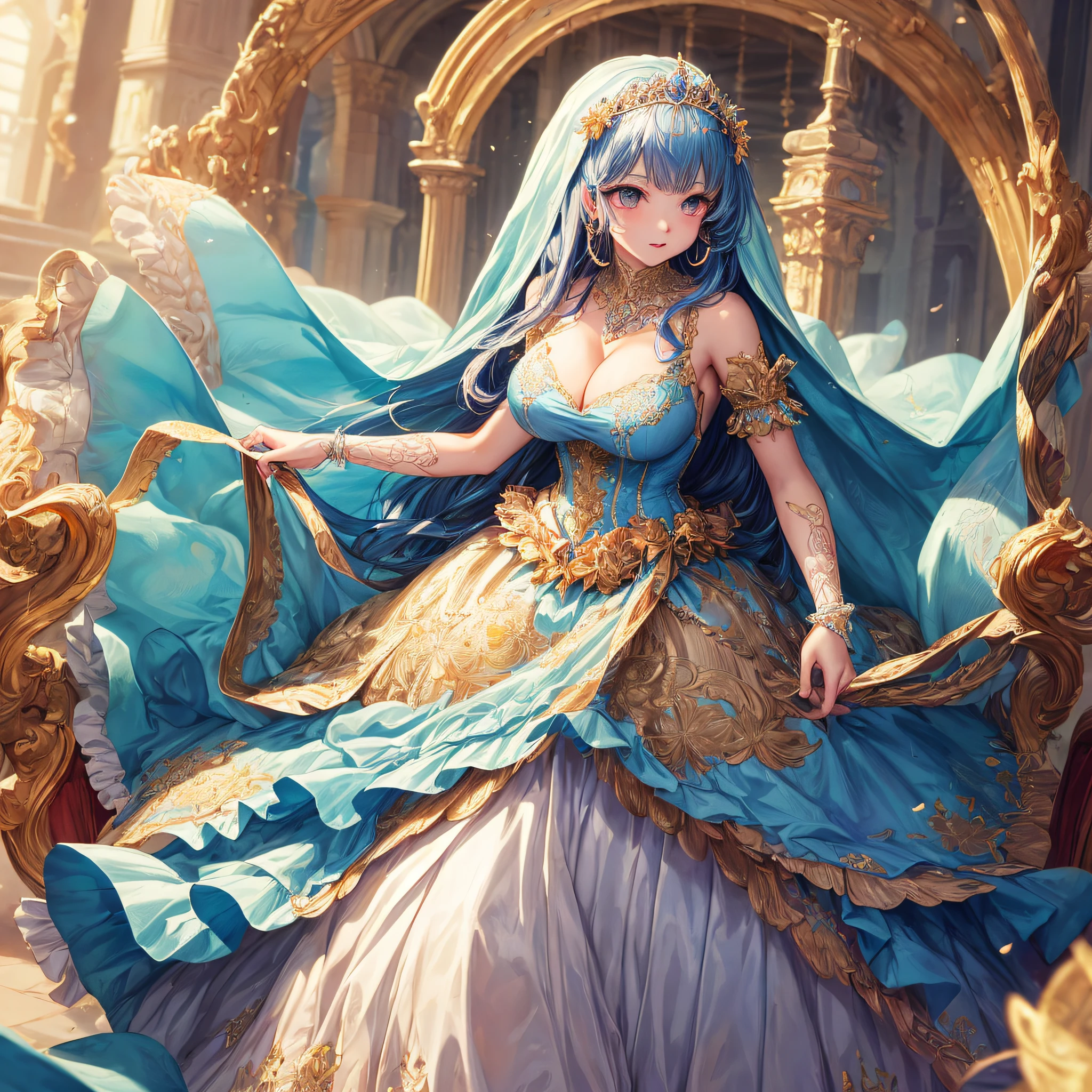 (masterpiece, best quality,extremely detailed:1.1),(moe anime art style:1.2),1girl,full body, ((solo)), cute, kawaii,digital art,((1 bling-bling anime princess wearing beautiful embroidery and jeweled ruffled gorgeous princess ballgown with voluminous full length hoop skirt)),((crinoline)),long train,voluminous frills,(gorgeous embroidery and beautiful lace),(very gigantic boobs,cleavage,skindentation),((shiny hair,very long straight hair)),((finely detailed face and eyes)),clear pupil,extremely gorgeousfull hair ornament,(bling-bling jeweled extremely gorgeousfull tiara),(bling-bling gorgeous gemstone jewelry),long veil,((beautiful background,fantasy)),flowers,flower petals flowing,full body,looking away,((beautiful embroidery and jeweled ruffled gorgeous princess ballgown with voluminous full length hoop skirt))