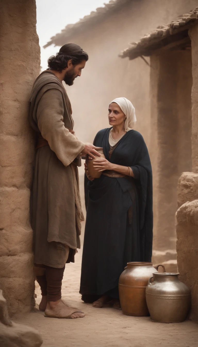 Create an image that depicts the moment Elijah meets the widow of Zarephath at the city gate, where she's collecting sticks. Highlight the flour jug and the oil jug.