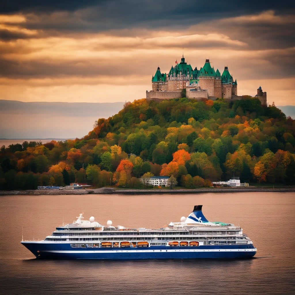 cruise ship sailing beside quebec castle